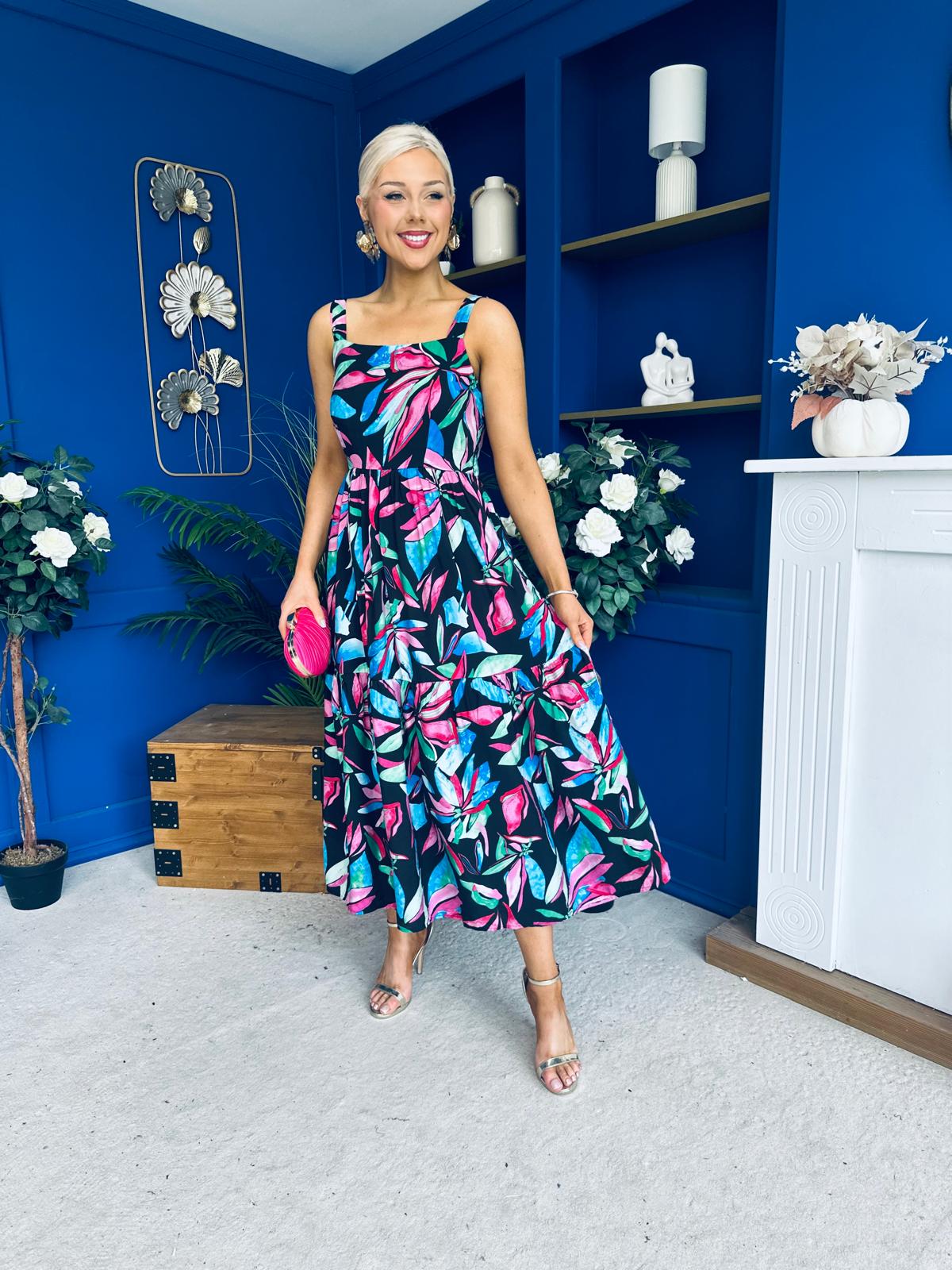 Divita Square Neck Midi Dress Floral Black