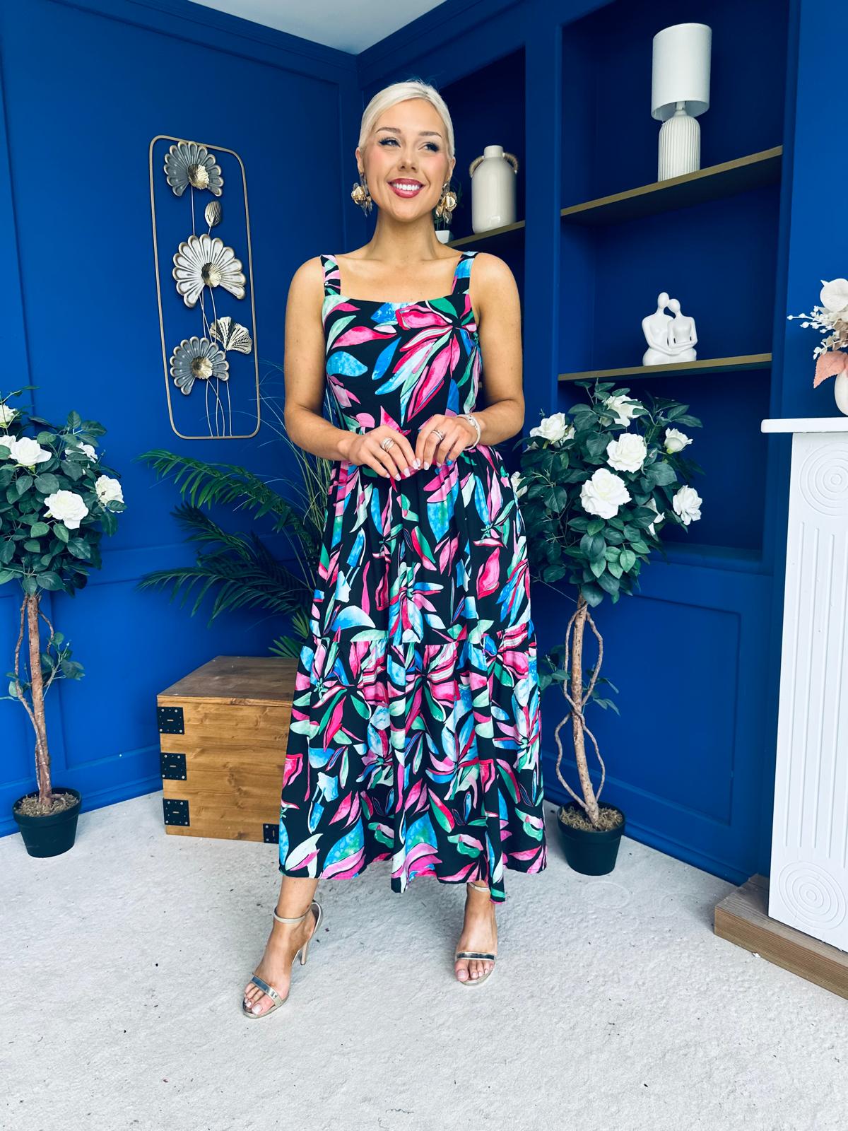 Divita Square Neck Midi Dress Floral Black
