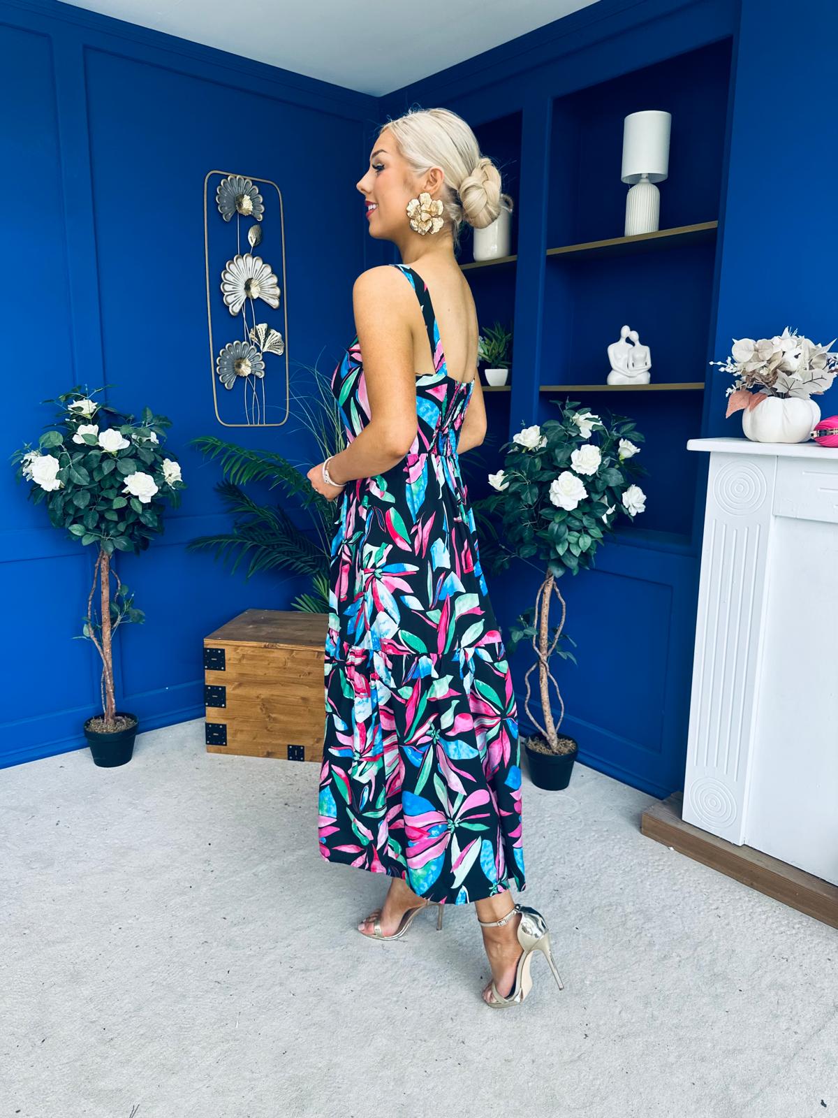 Divita Square Neck Midi Dress Floral Black