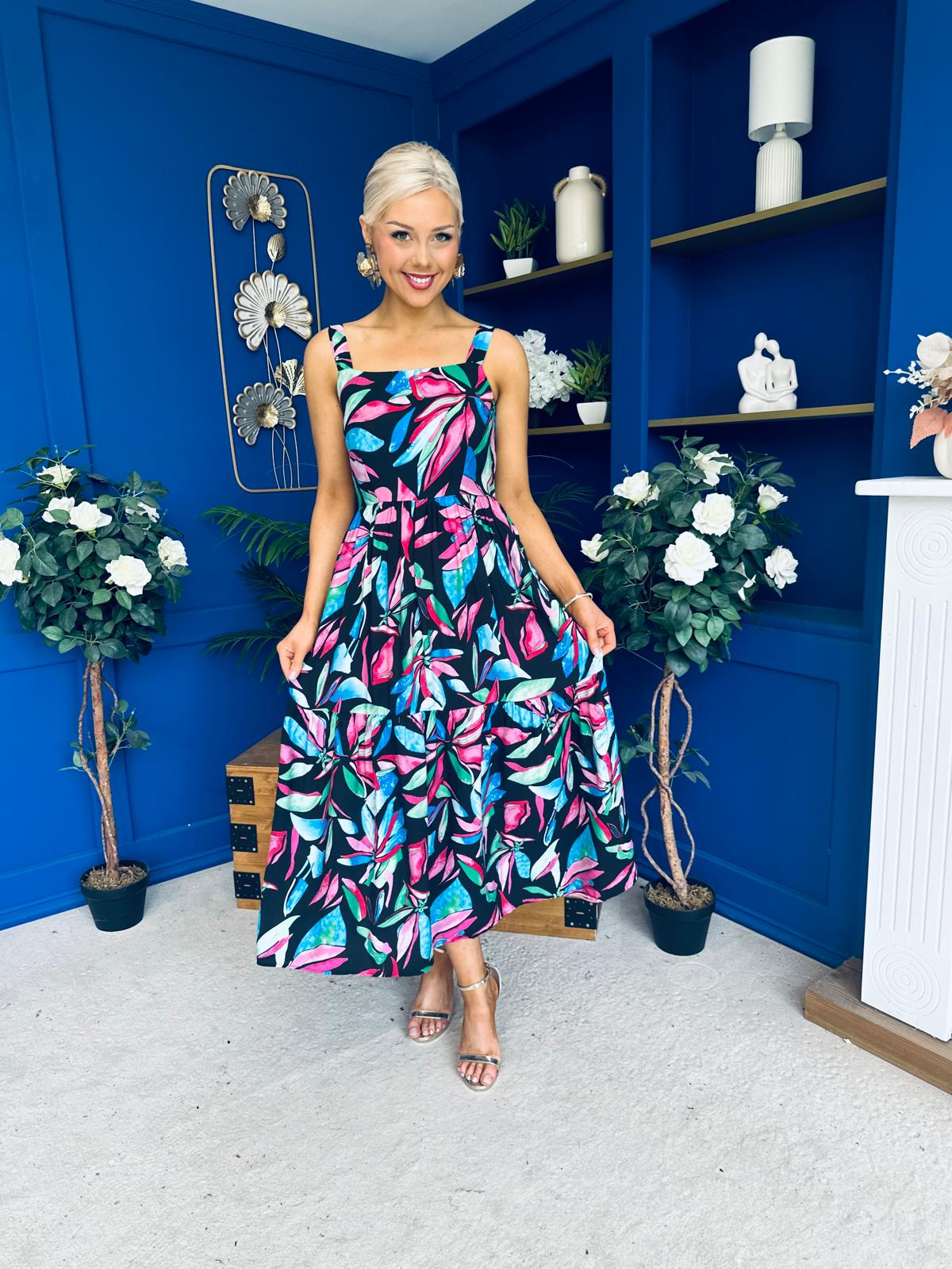 Divita Square Neck Midi Dress Floral Black