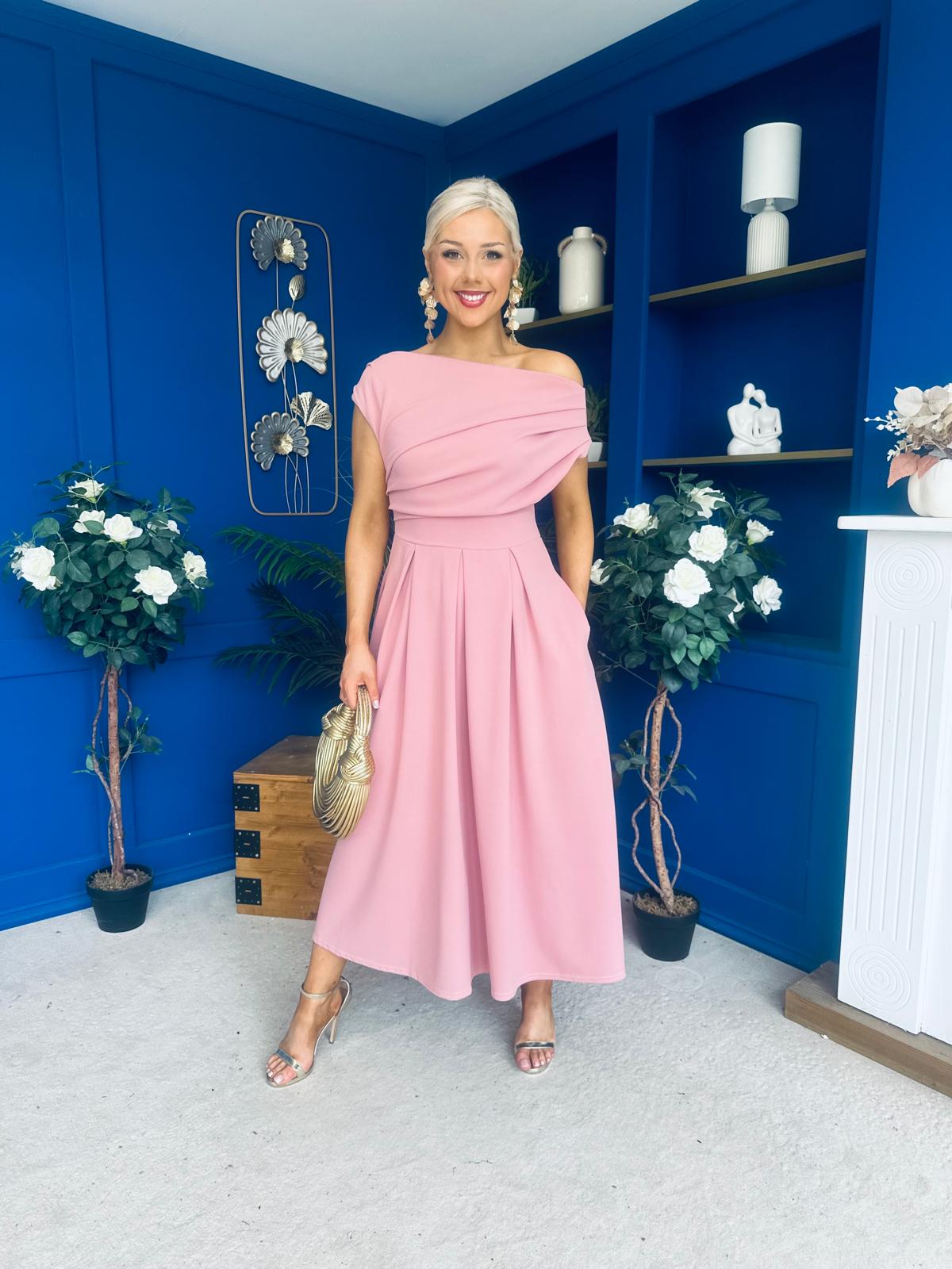 Dollie Asymmetric Neckline Skater Midi Dress Rose