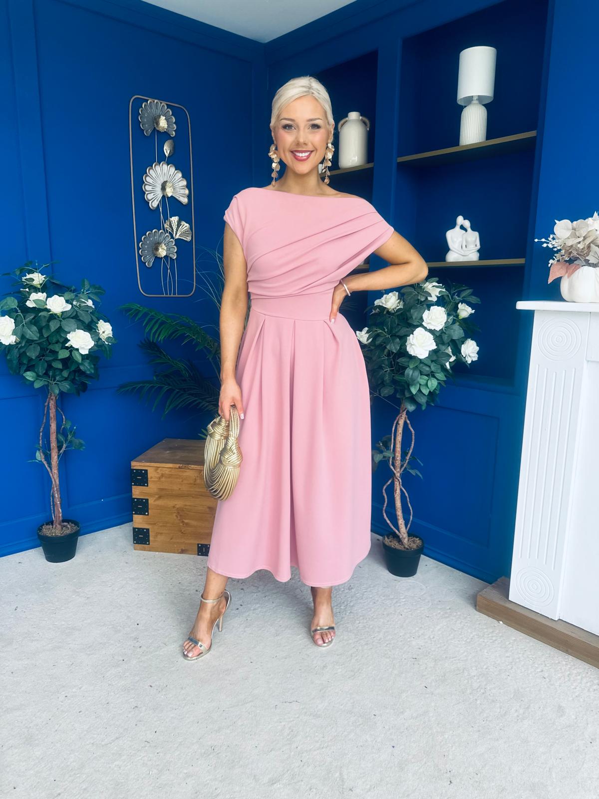 Dollie Asymmetric Neckline Skater Midi Dress Rose