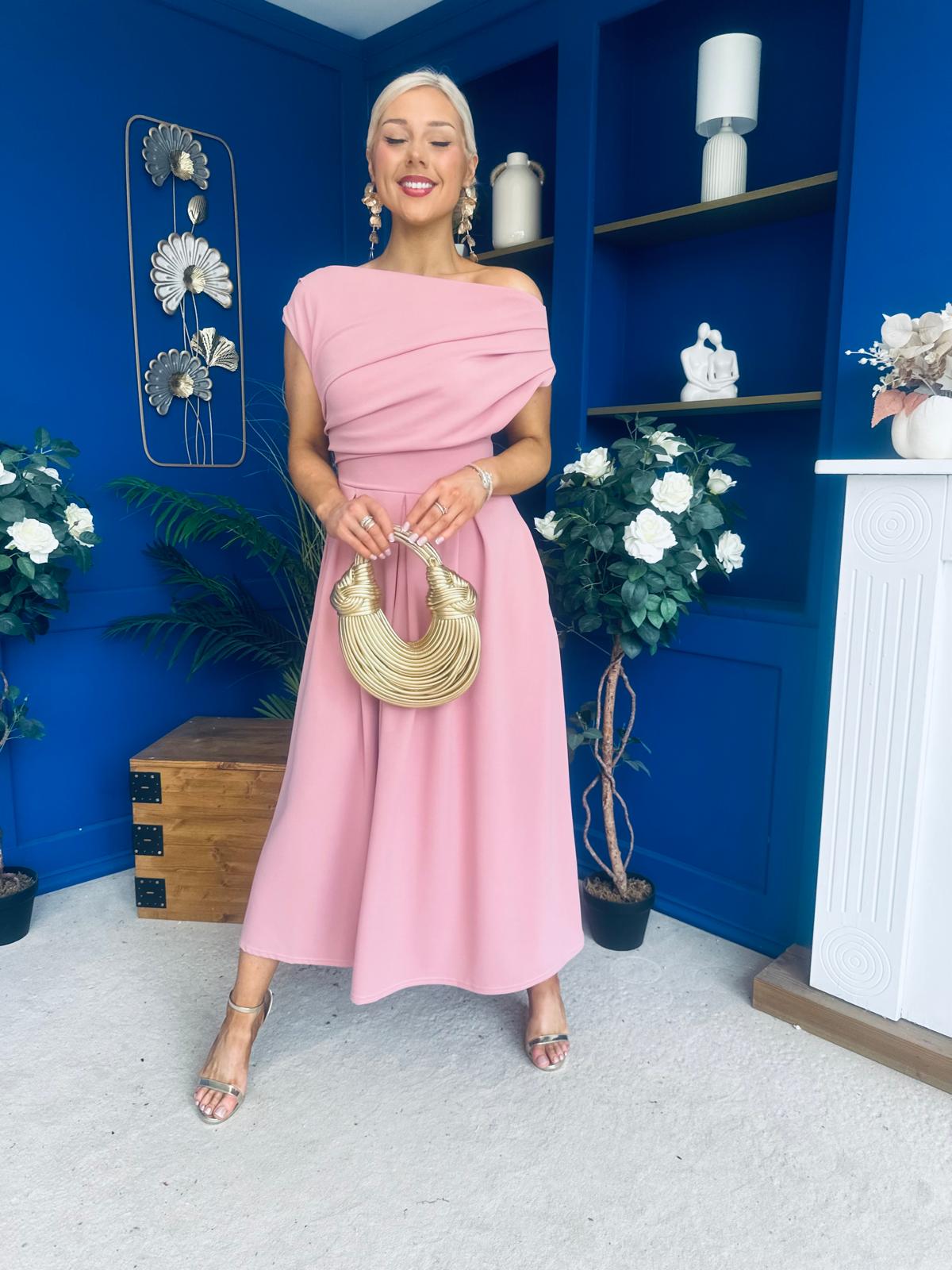Dollie Asymmetric Neckline Skater Midi Dress Rose