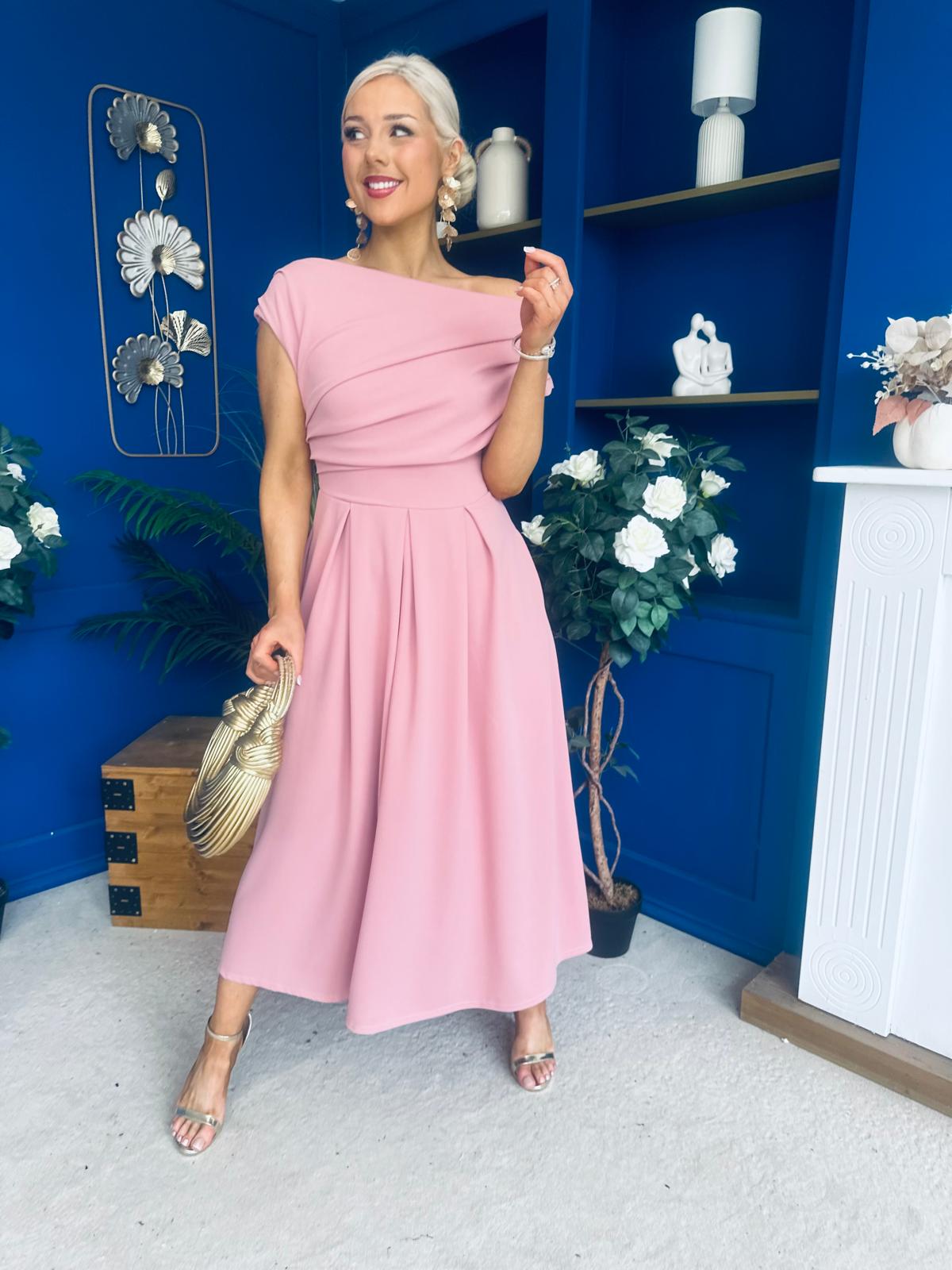Dollie Asymmetric Neckline Skater Midi Dress Rose