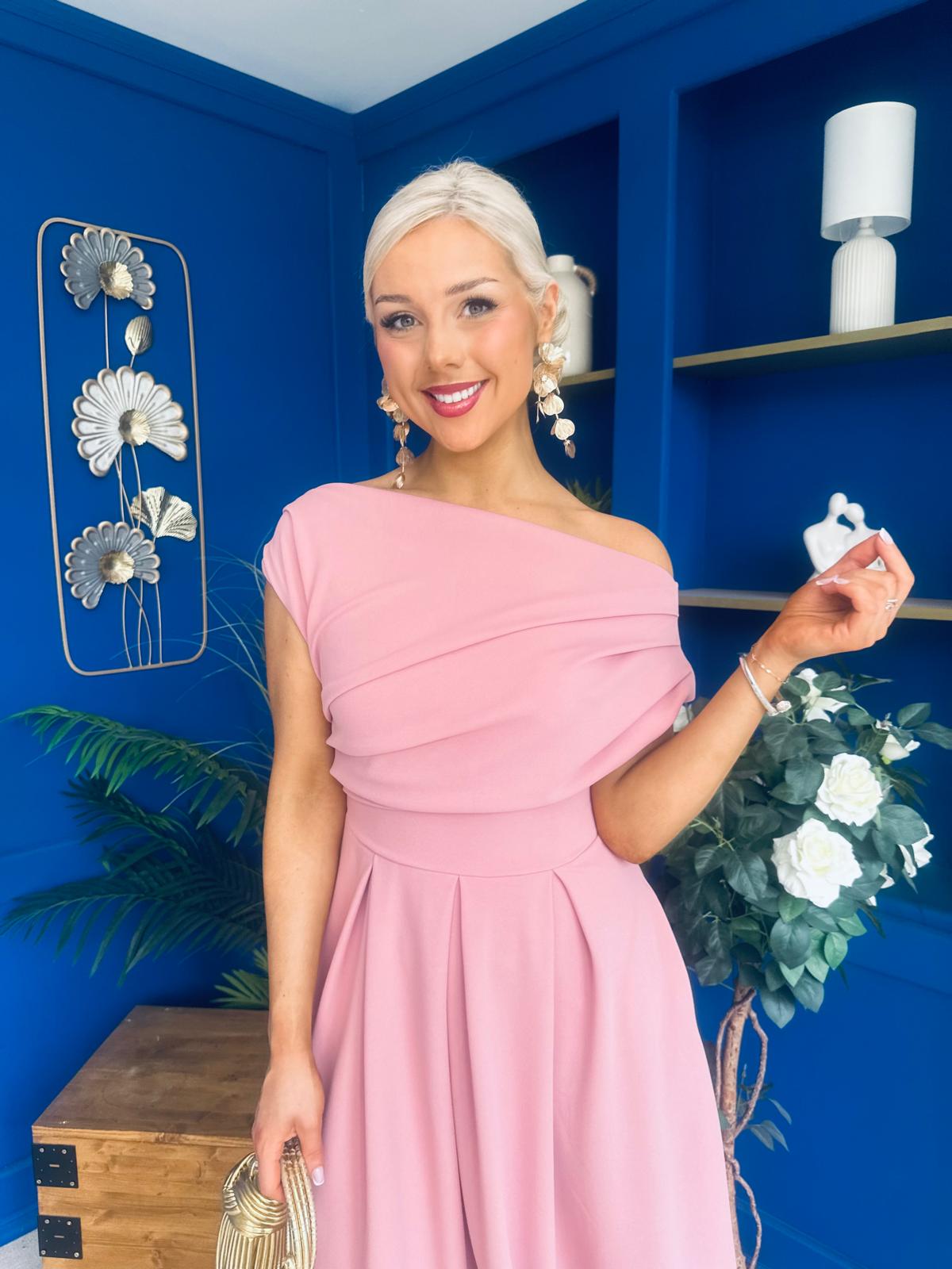 Dollie Asymmetric Neckline Skater Midi Dress Rose