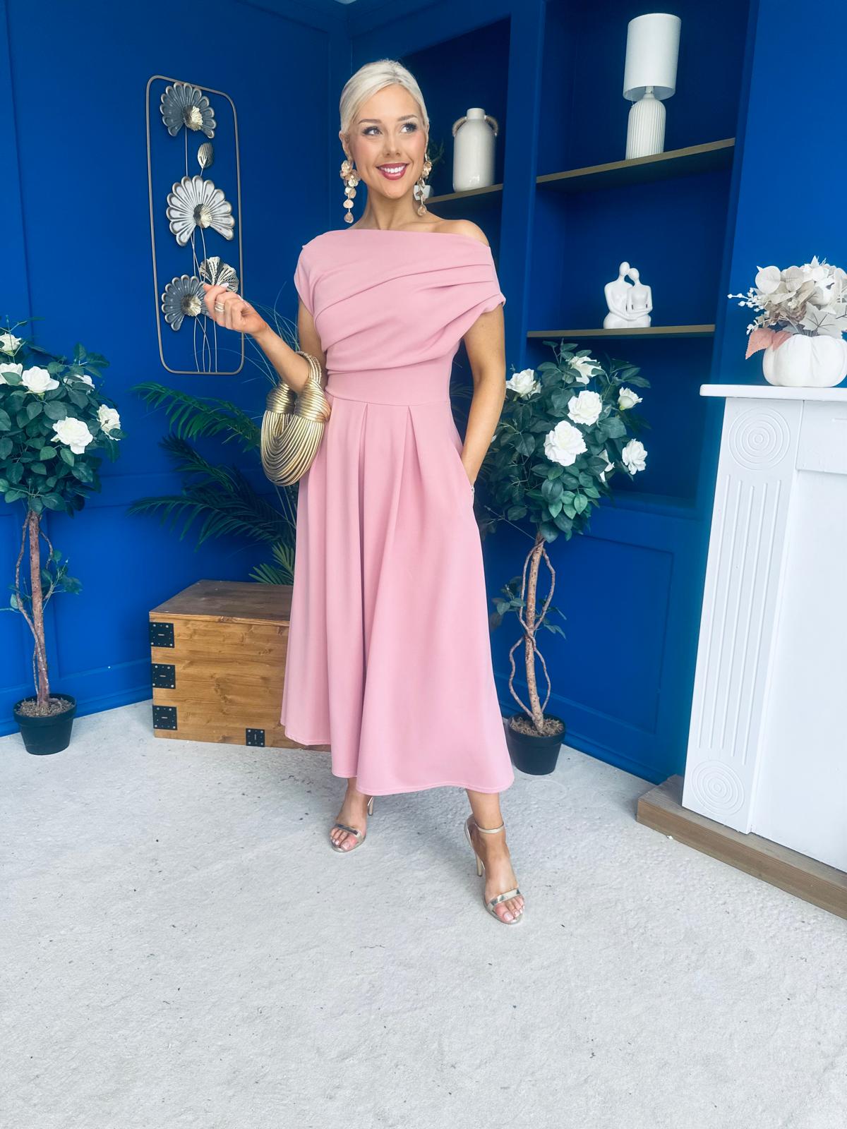 Dollie Asymmetric Neckline Skater Midi Dress Rose
