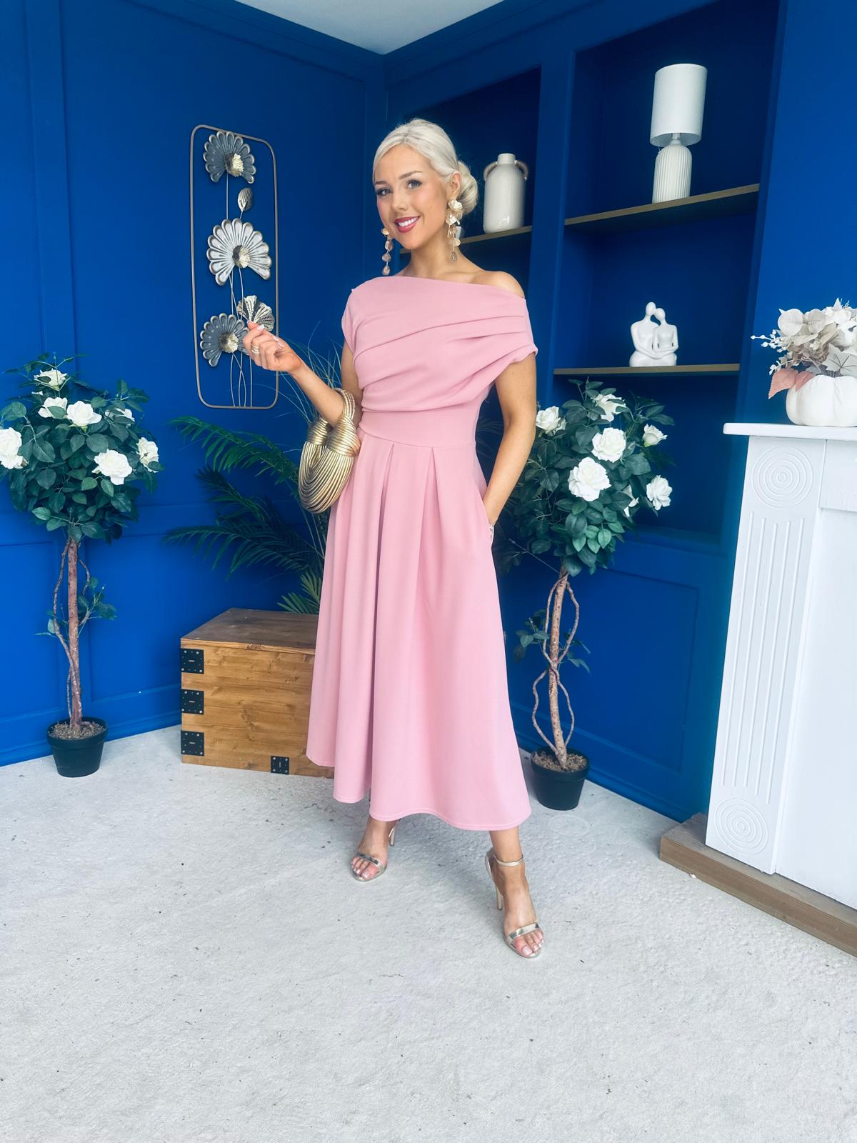 Dollie Asymmetric Neckline Skater Midi Dress Rose