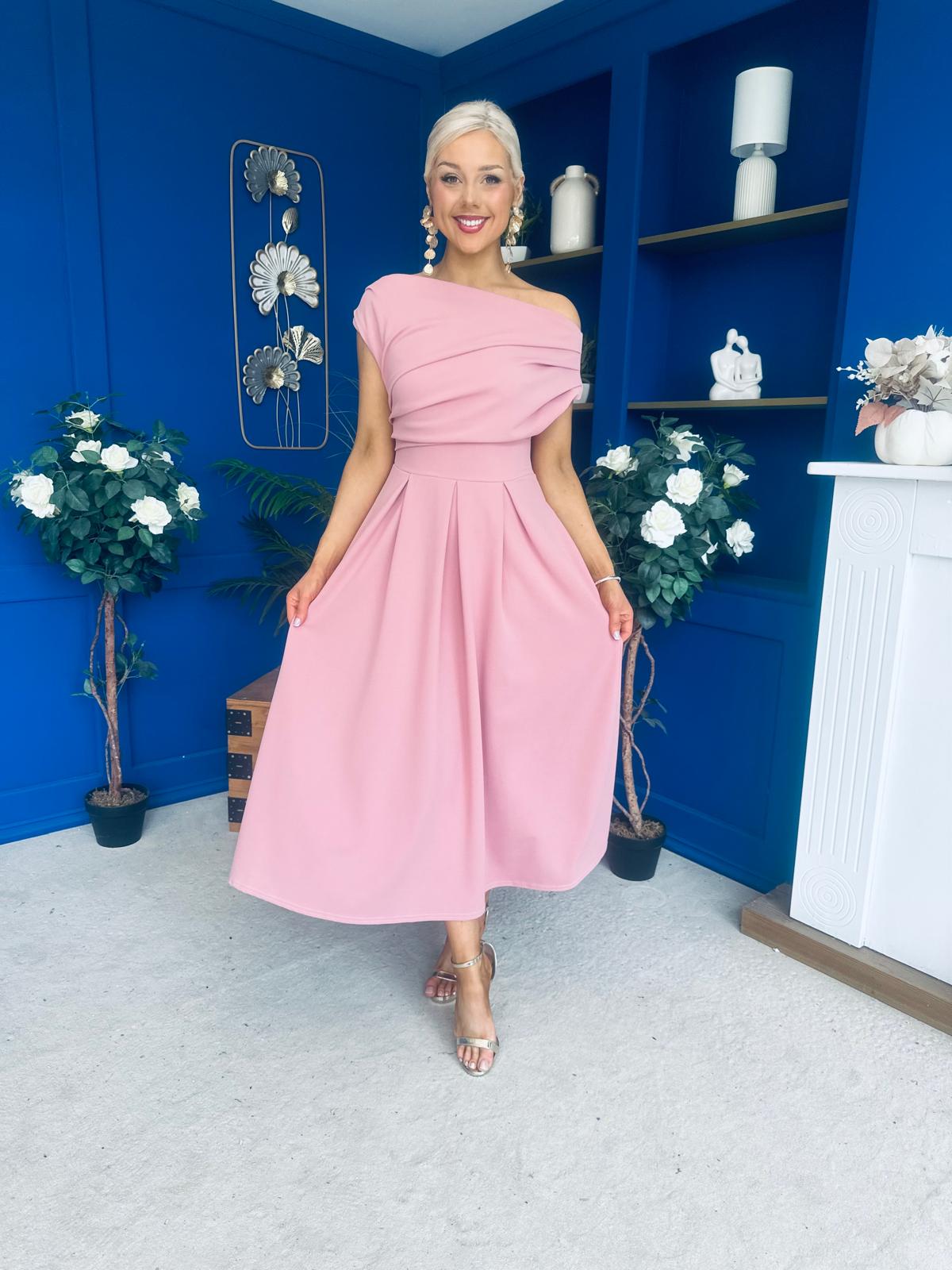 Dollie Asymmetric Neckline Skater Midi Dress Rose