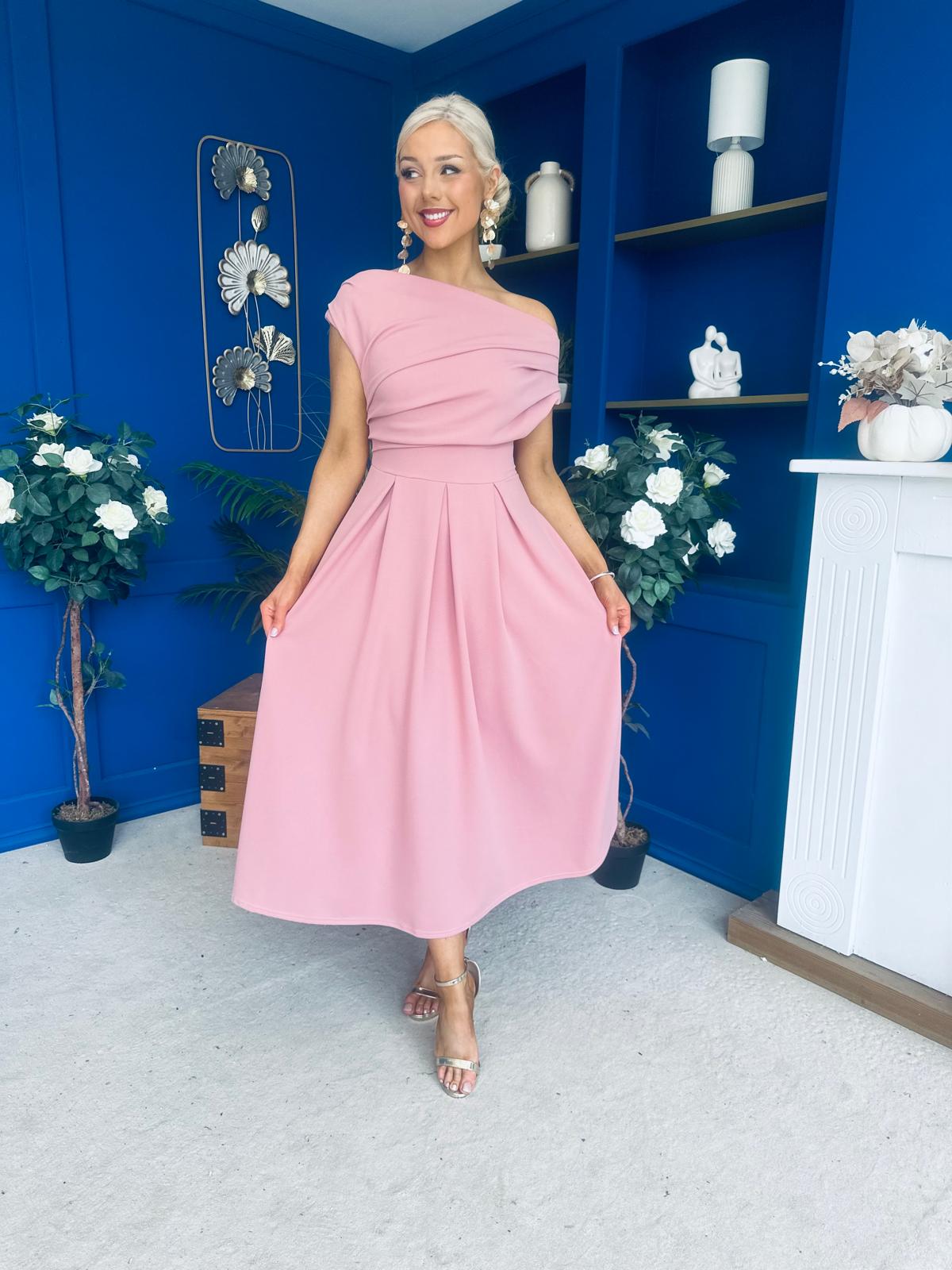 Dollie Asymmetric Neckline Skater Midi Dress Rose