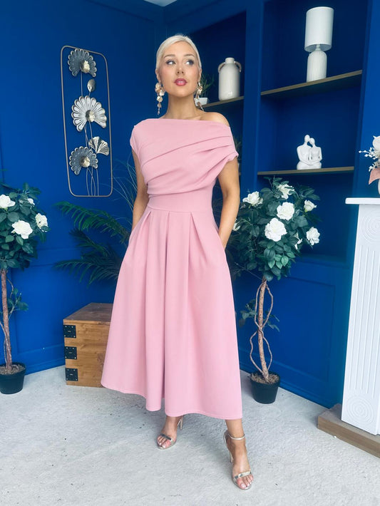 Dollie Asymmetric Neckline Skater Midi Dress Rose