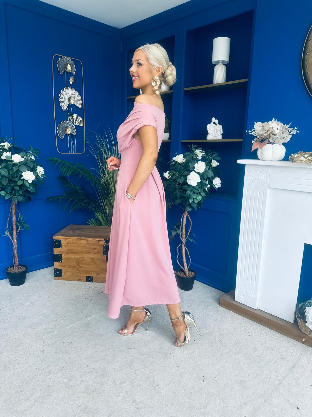 Dollie Asymmetric Neckline Skater Midi Dress Rose