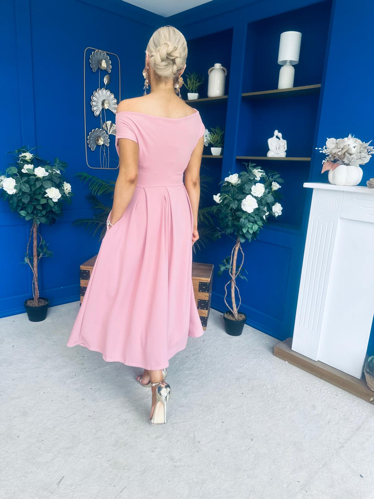 Dollie Asymmetric Neckline Skater Midi Dress Rose