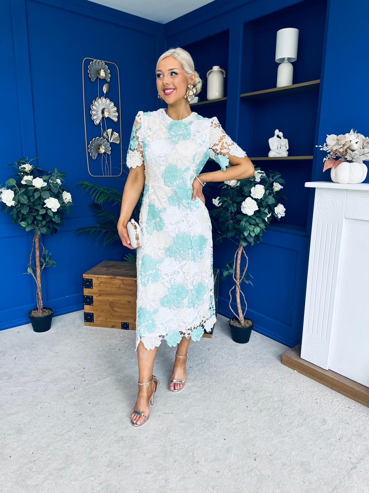 Whitney Crew Neck Floral Crochet Midi Dress Green