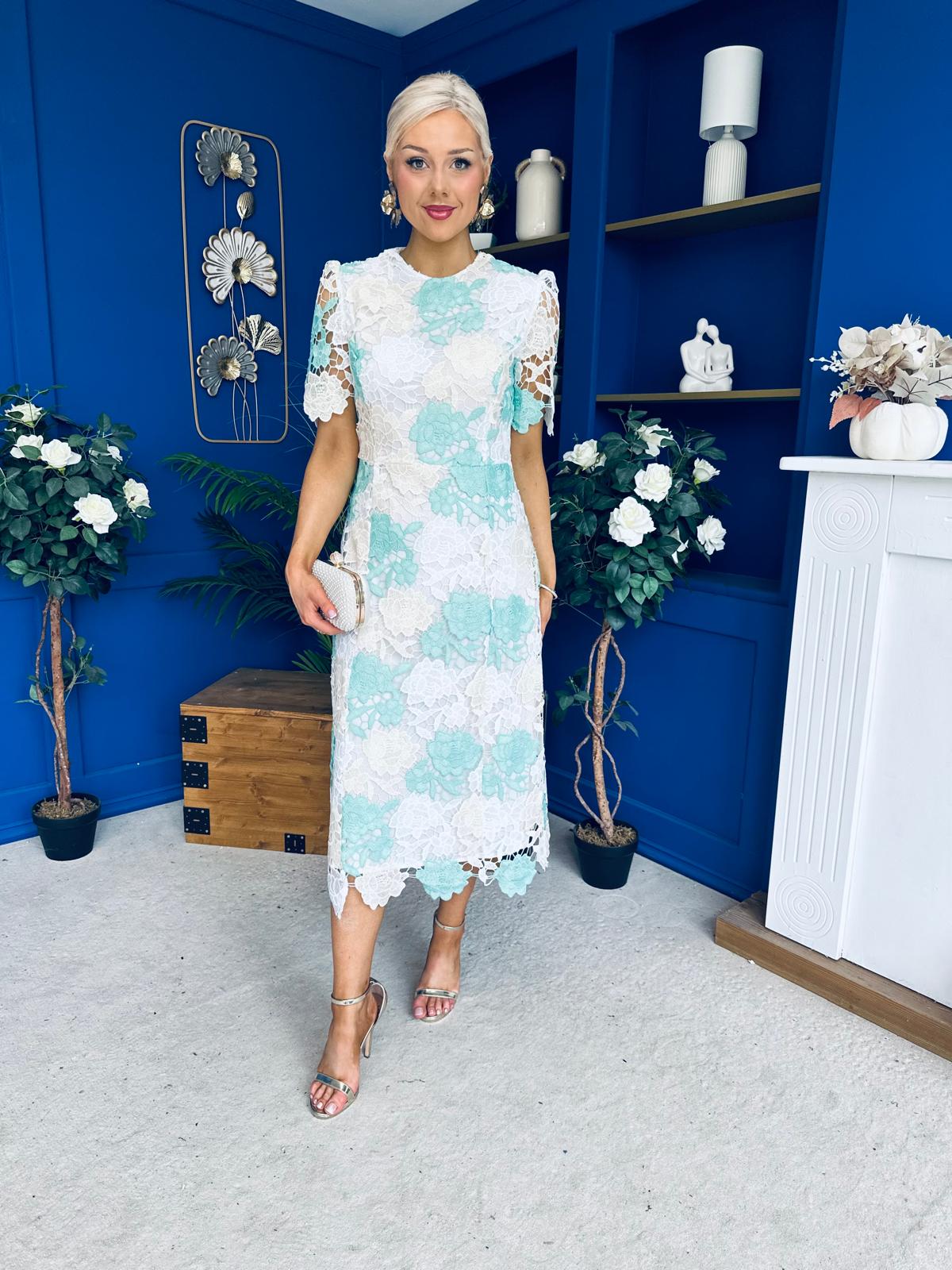 Whitney Crew Neck Floral Crochet Midi Dress Green