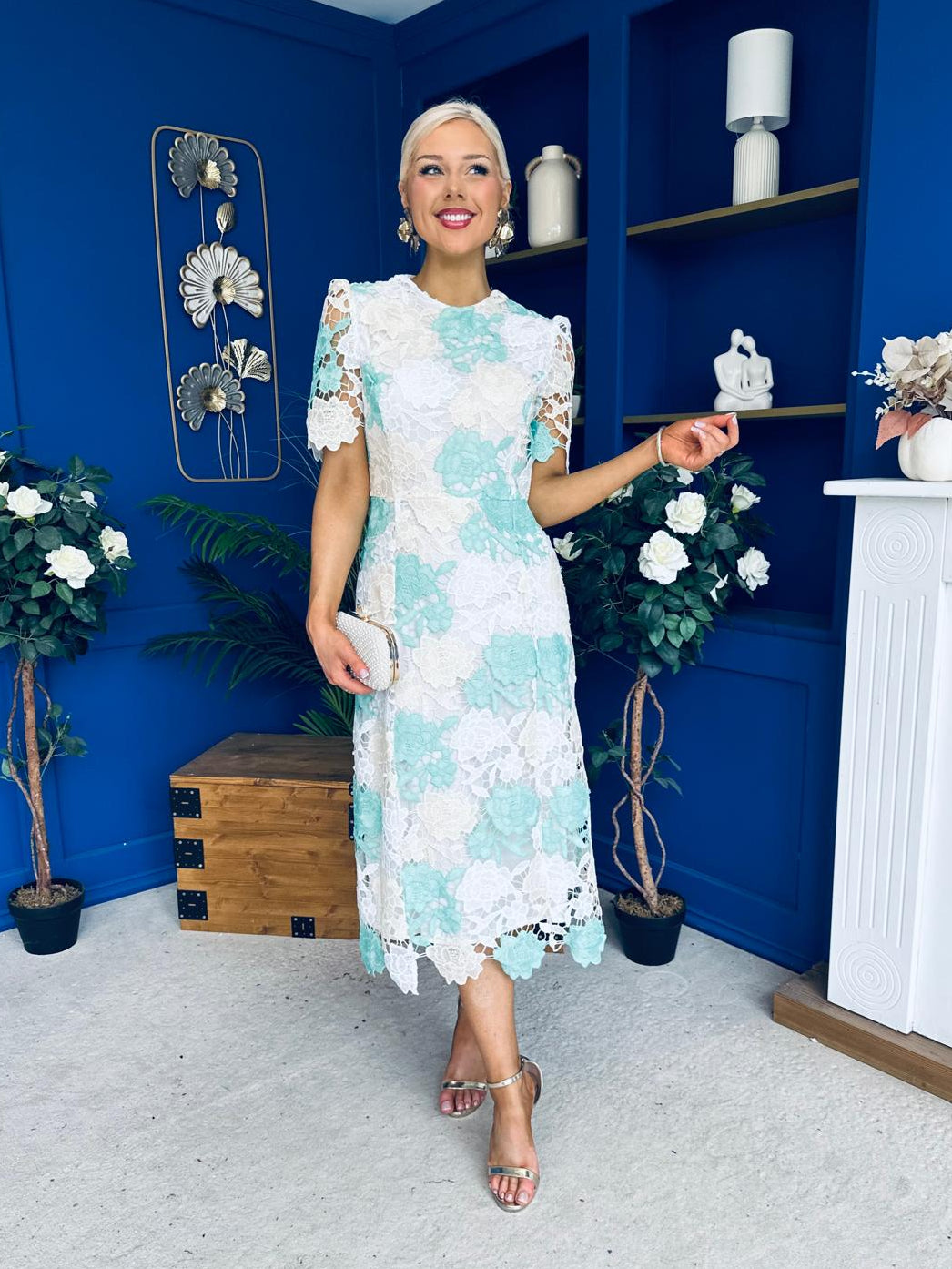 Whitney Crew Neck Floral Crochet Midi Dress Green