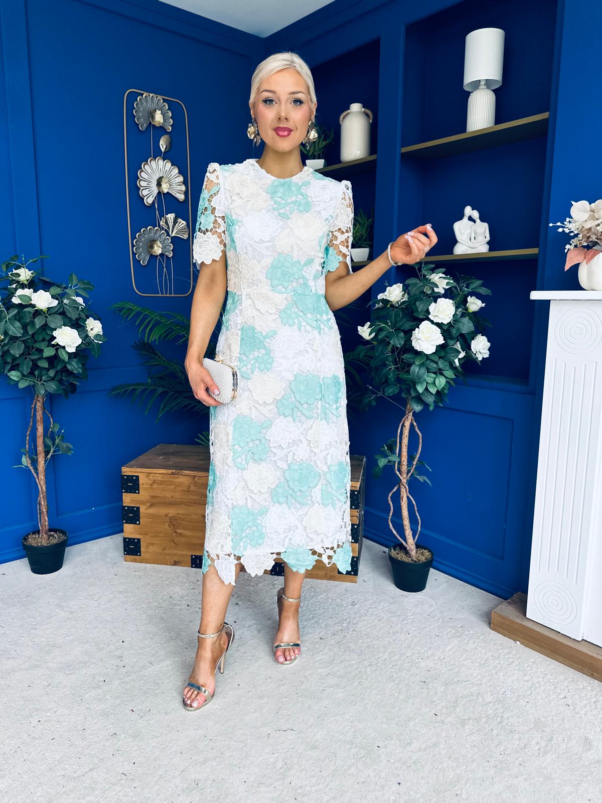 Whitney Crew Neck Floral Crochet Midi Dress Green