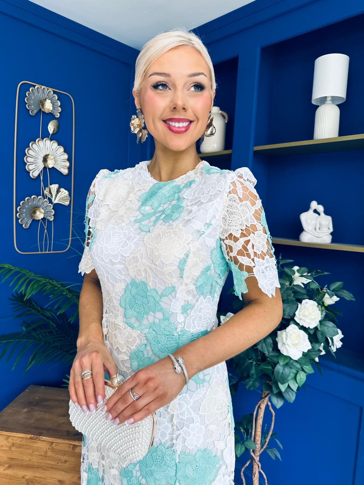 Whitney Crew Neck Floral Crochet Midi Dress Green