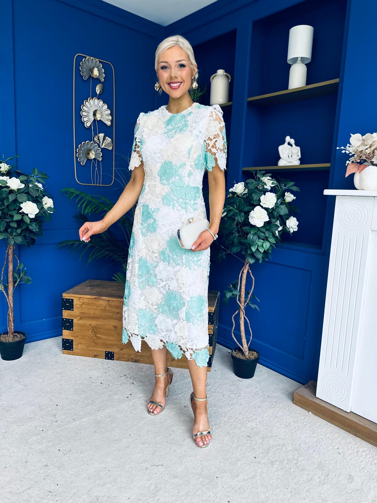 Whitney Crew Neck Floral Crochet Midi Dress Green