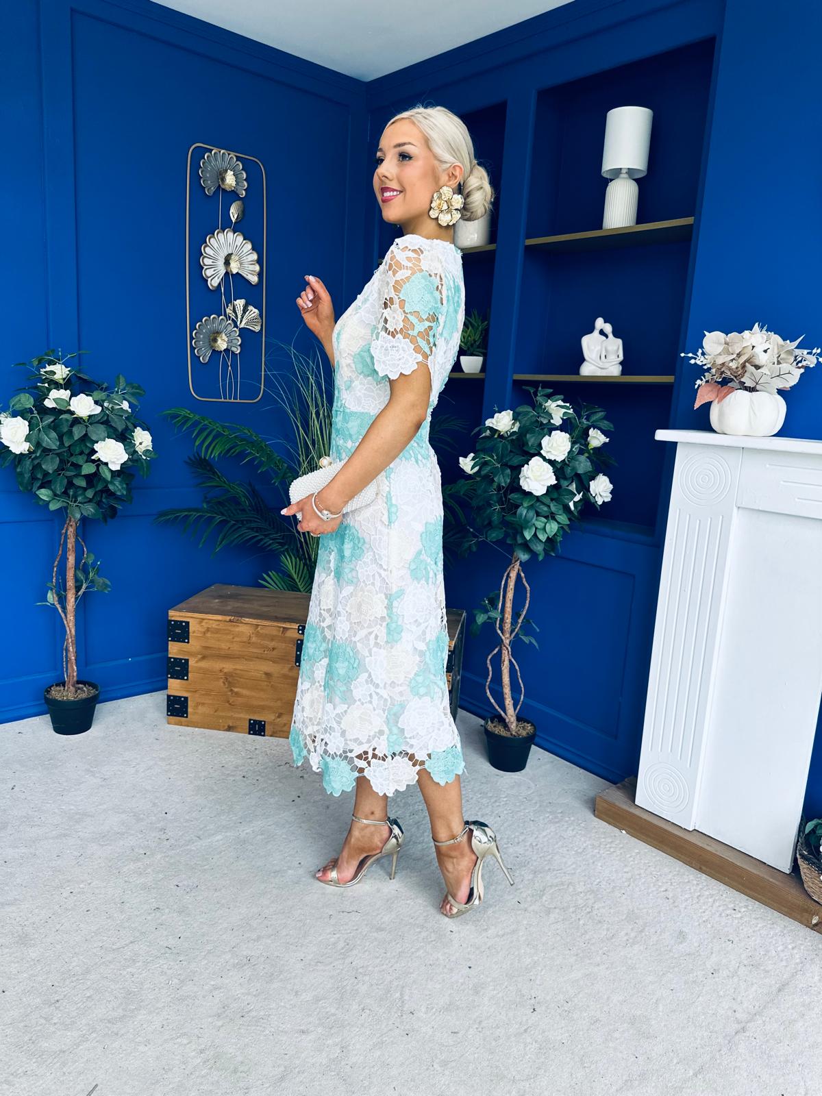 Whitney Crew Neck Floral Crochet Midi Dress Green