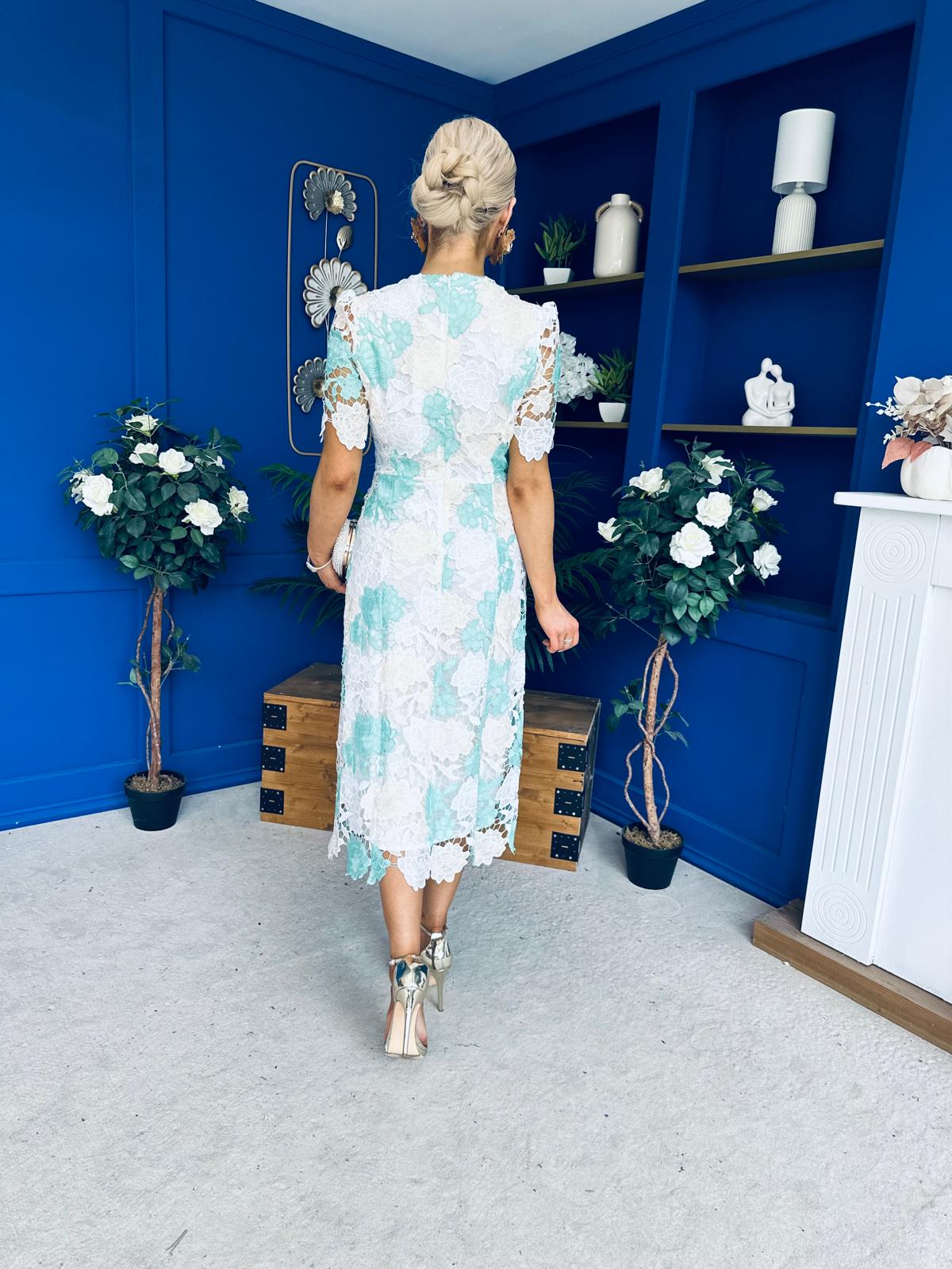 Whitney Crew Neck Floral Crochet Midi Dress Green
