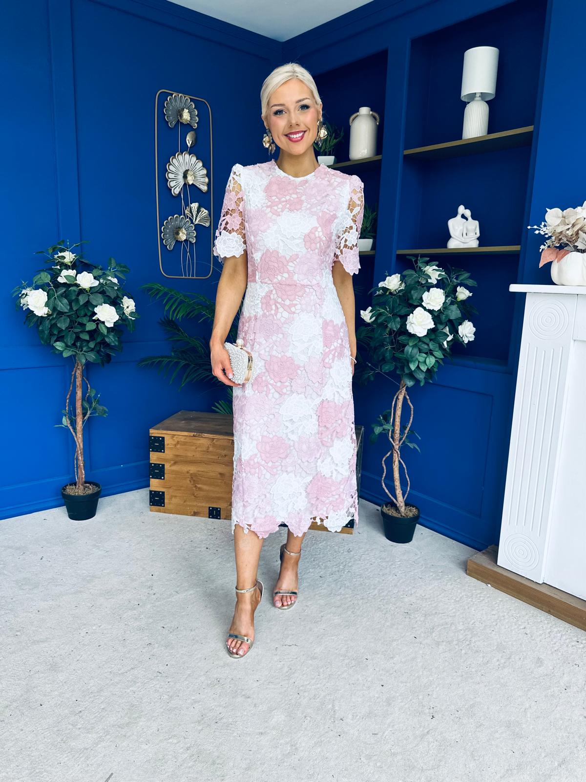 Whitney Crew Neck Floral Crochet Midi Dress Pink