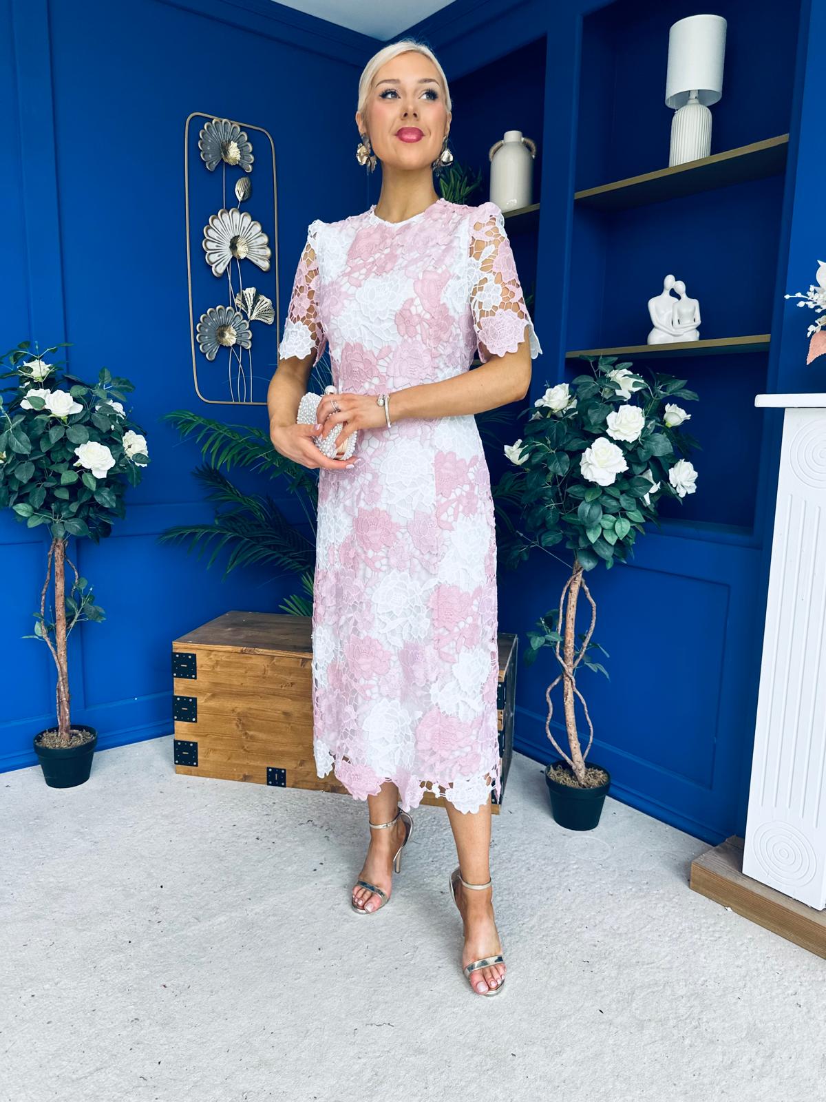 Whitney Crew Neck Floral Crochet Midi Dress Pink