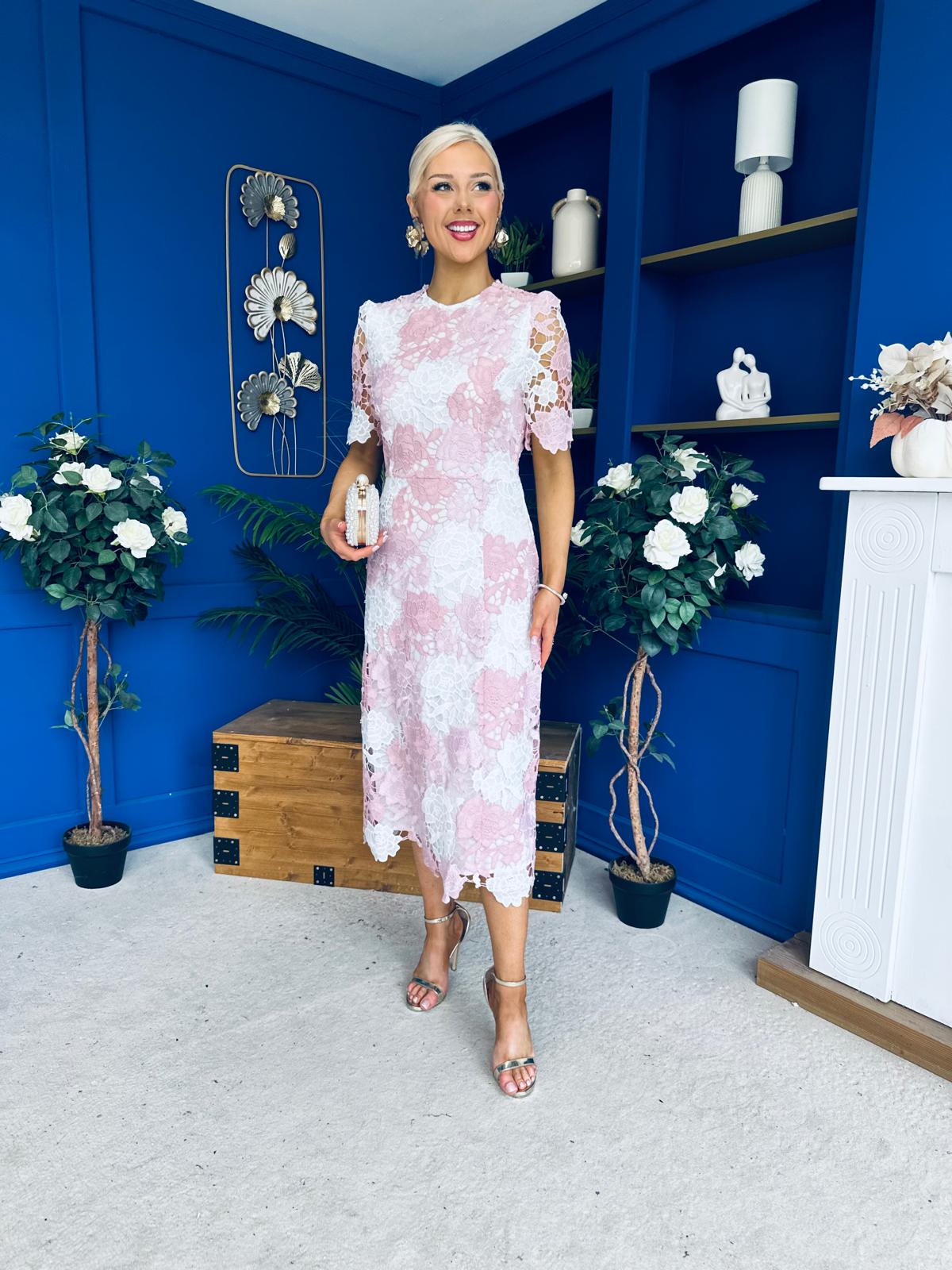 Whitney Crew Neck Floral Crochet Midi Dress Pink