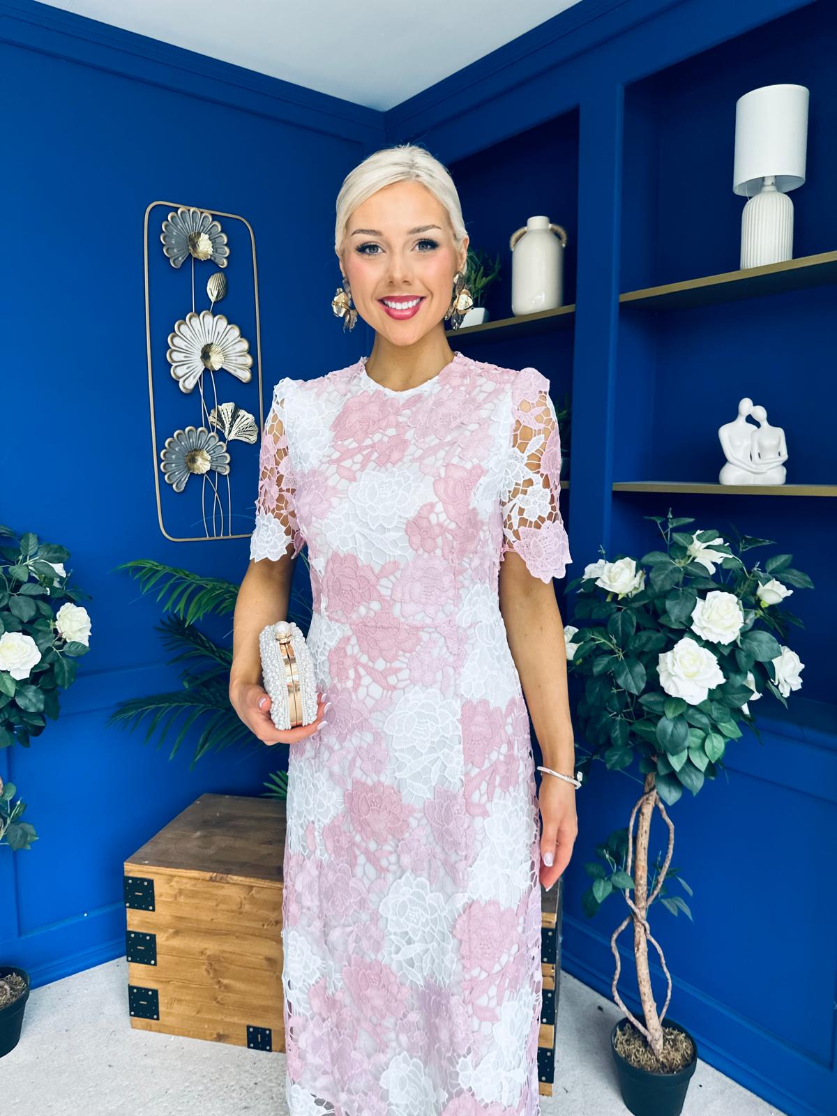 Whitney Crew Neck Floral Crochet Midi Dress Pink