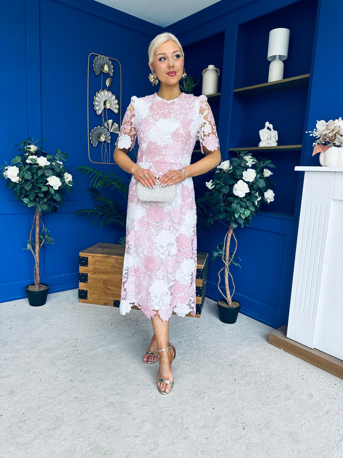 Whitney Crew Neck Floral Crochet Midi Dress Pink