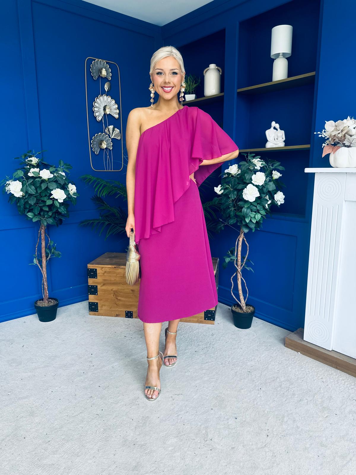 Morgan One Shoulder Cape Detail Midi Dress Berry