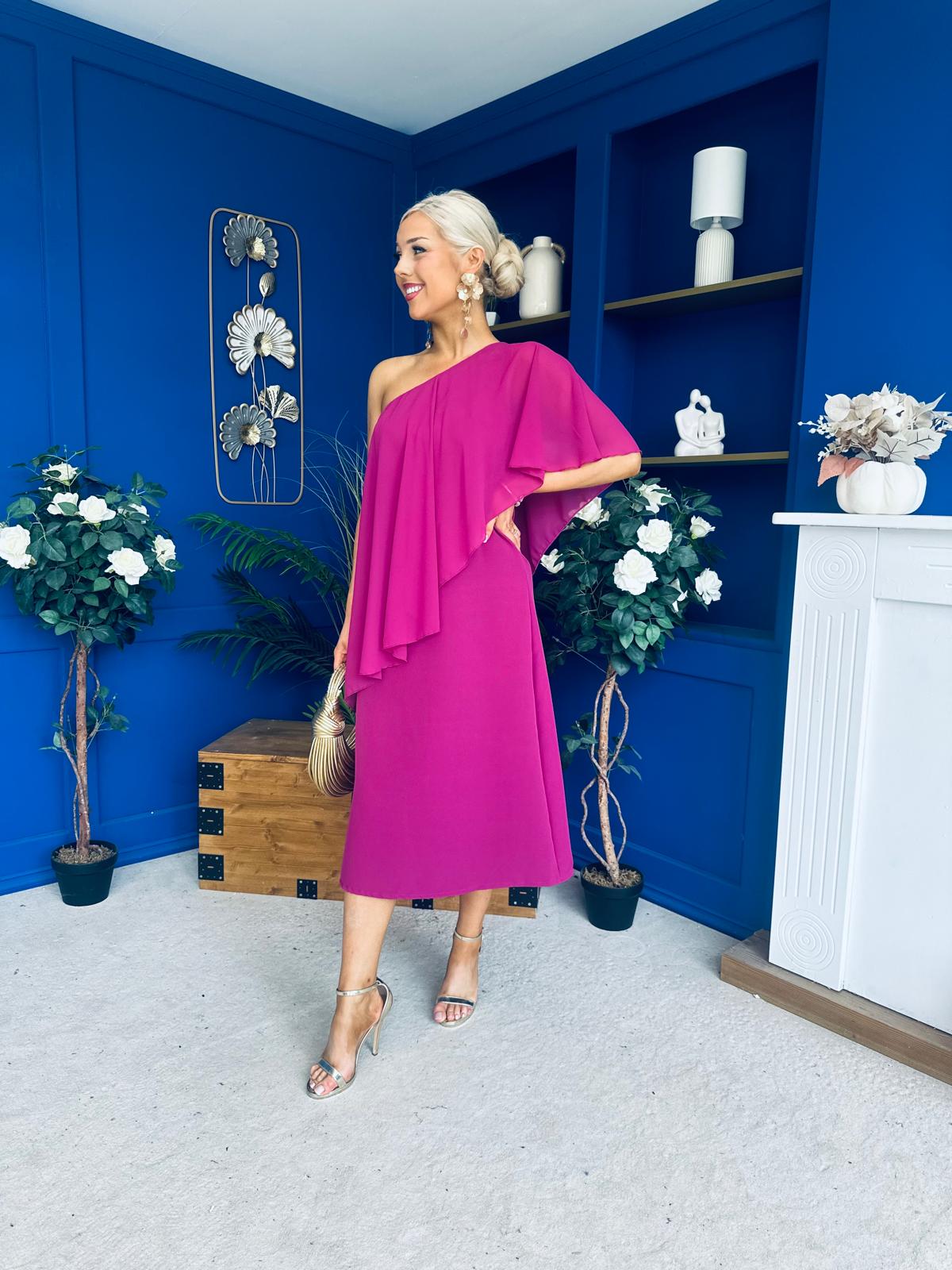 Morgan One Shoulder Cape Detail Midi Dress Berry