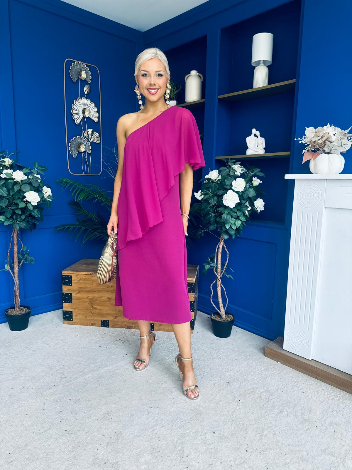 Morgan One Shoulder Cape Detail Midi Dress Berry