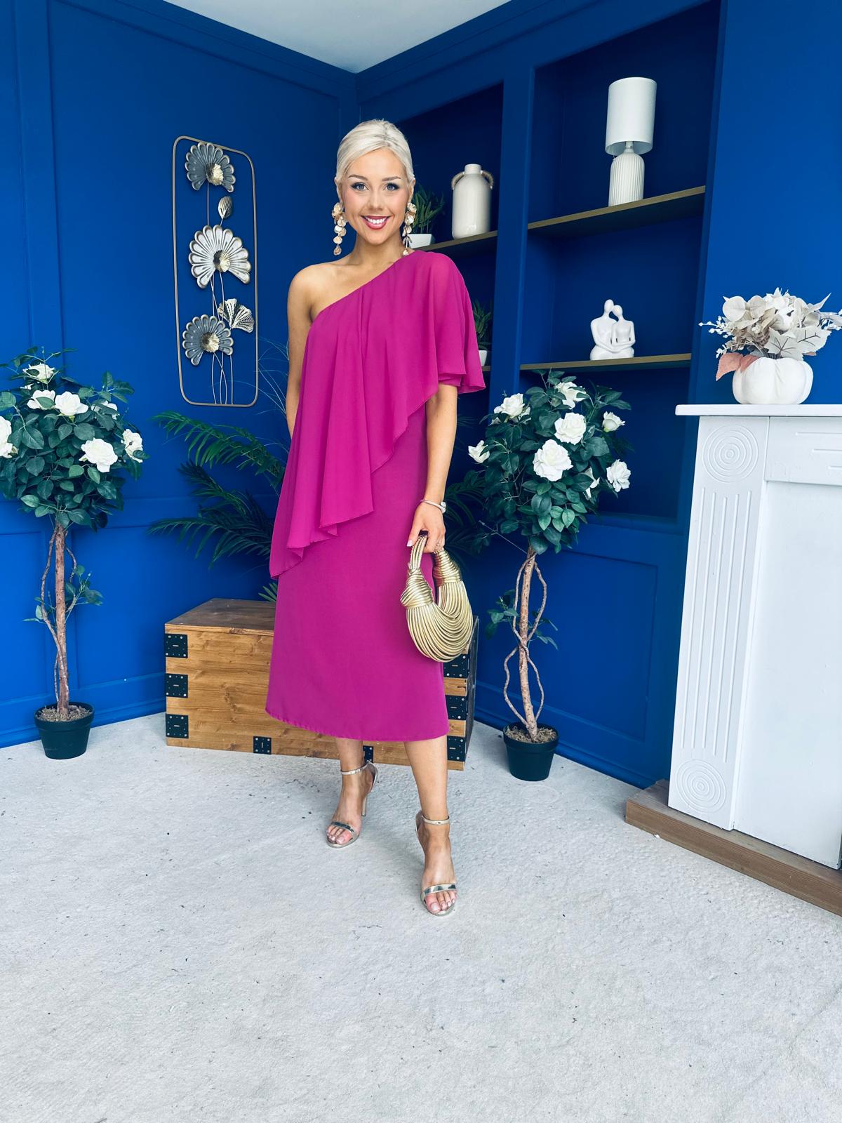 Morgan One Shoulder Cape Detail Midi Dress Berry