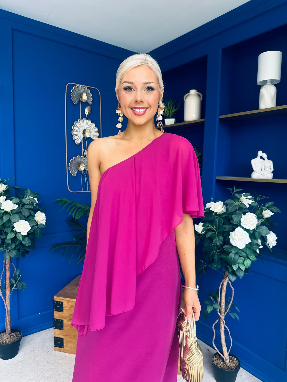 Morgan One Shoulder Cape Detail Midi Dress Berry