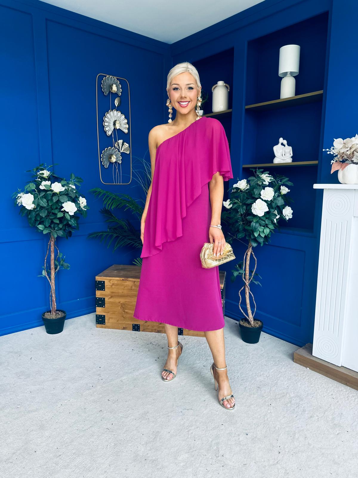Morgan One Shoulder Cape Detail Midi Dress Berry