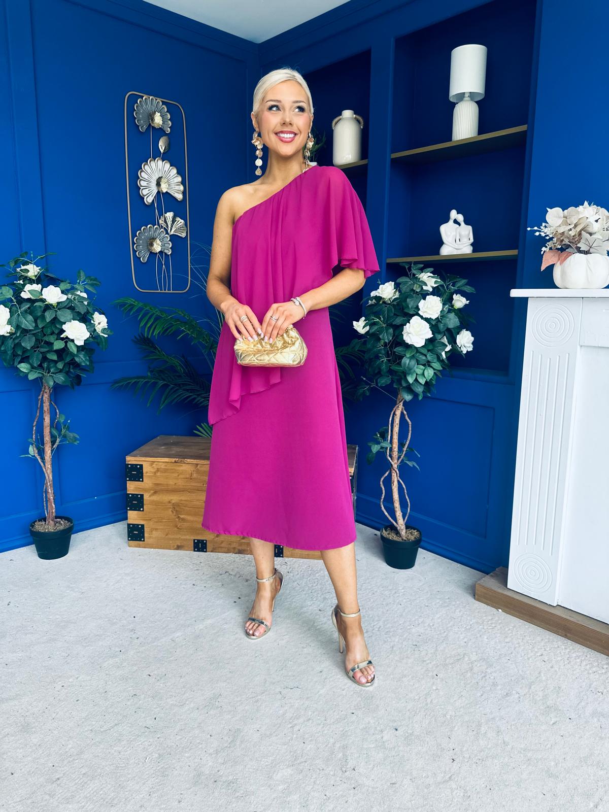 Morgan One Shoulder Cape Detail Midi Dress Berry