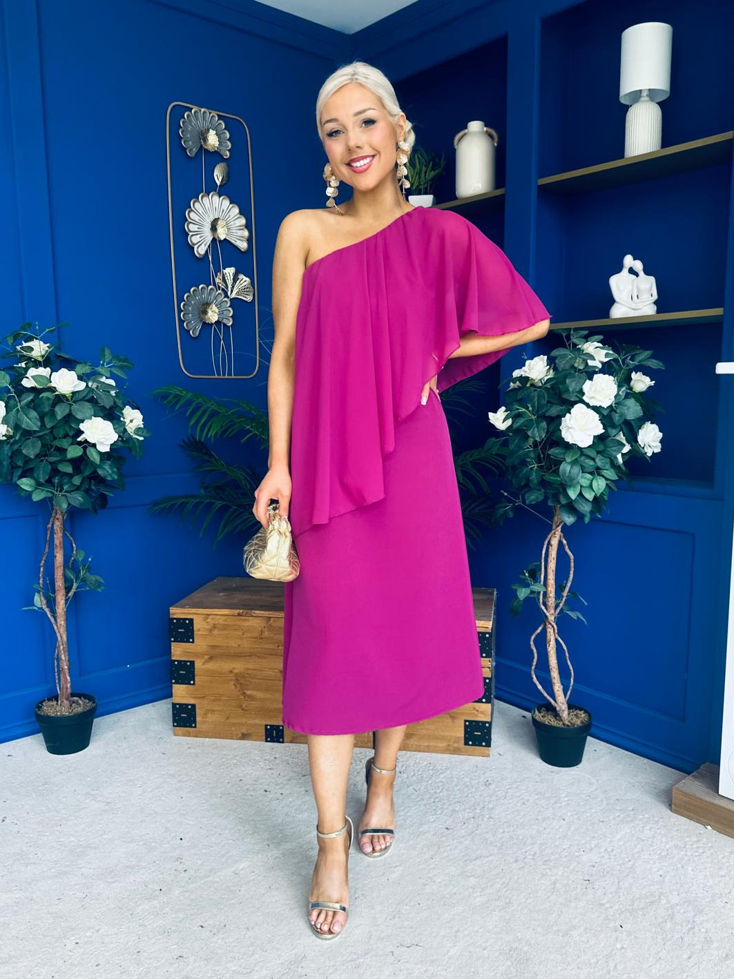 Morgan One Shoulder Cape Detail Midi Dress Berry