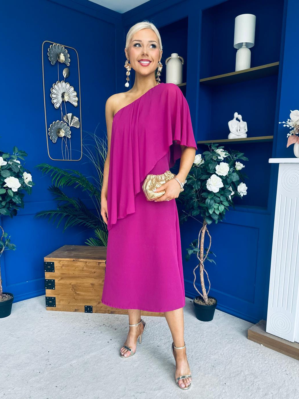 Morgan One Shoulder Cape Detail Midi Dress Berry