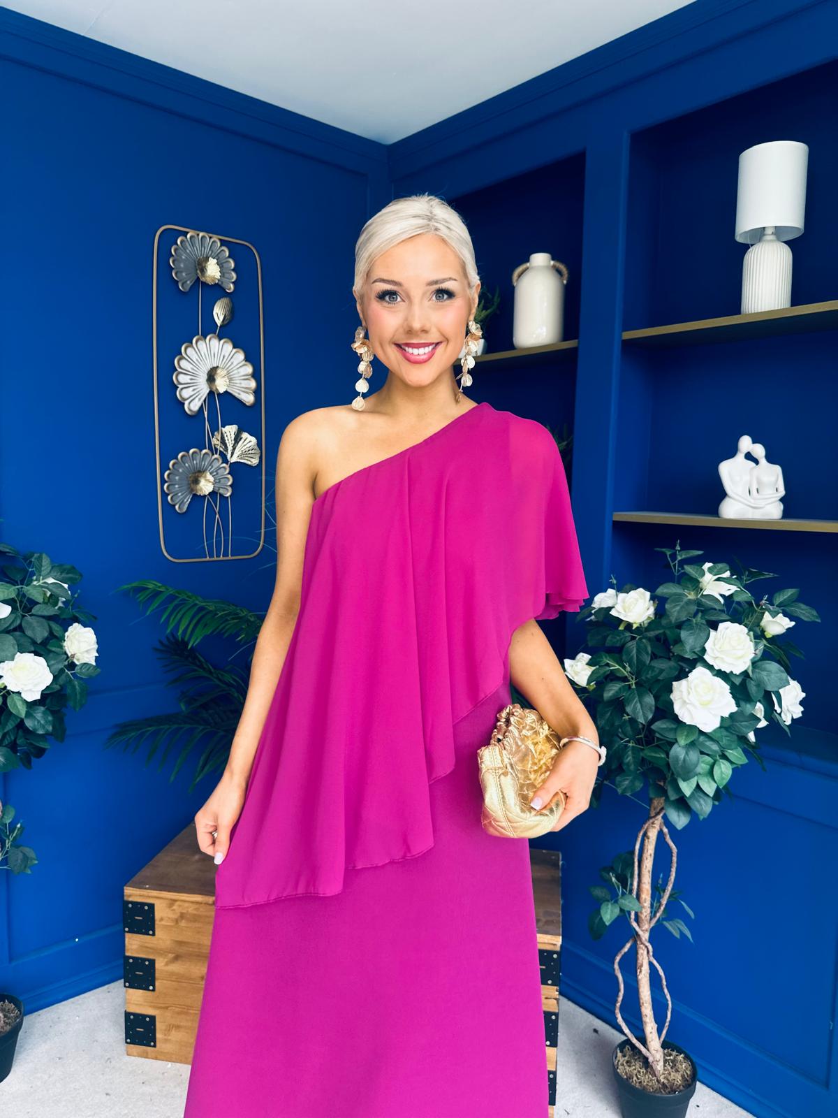 Morgan One Shoulder Cape Detail Midi Dress Berry