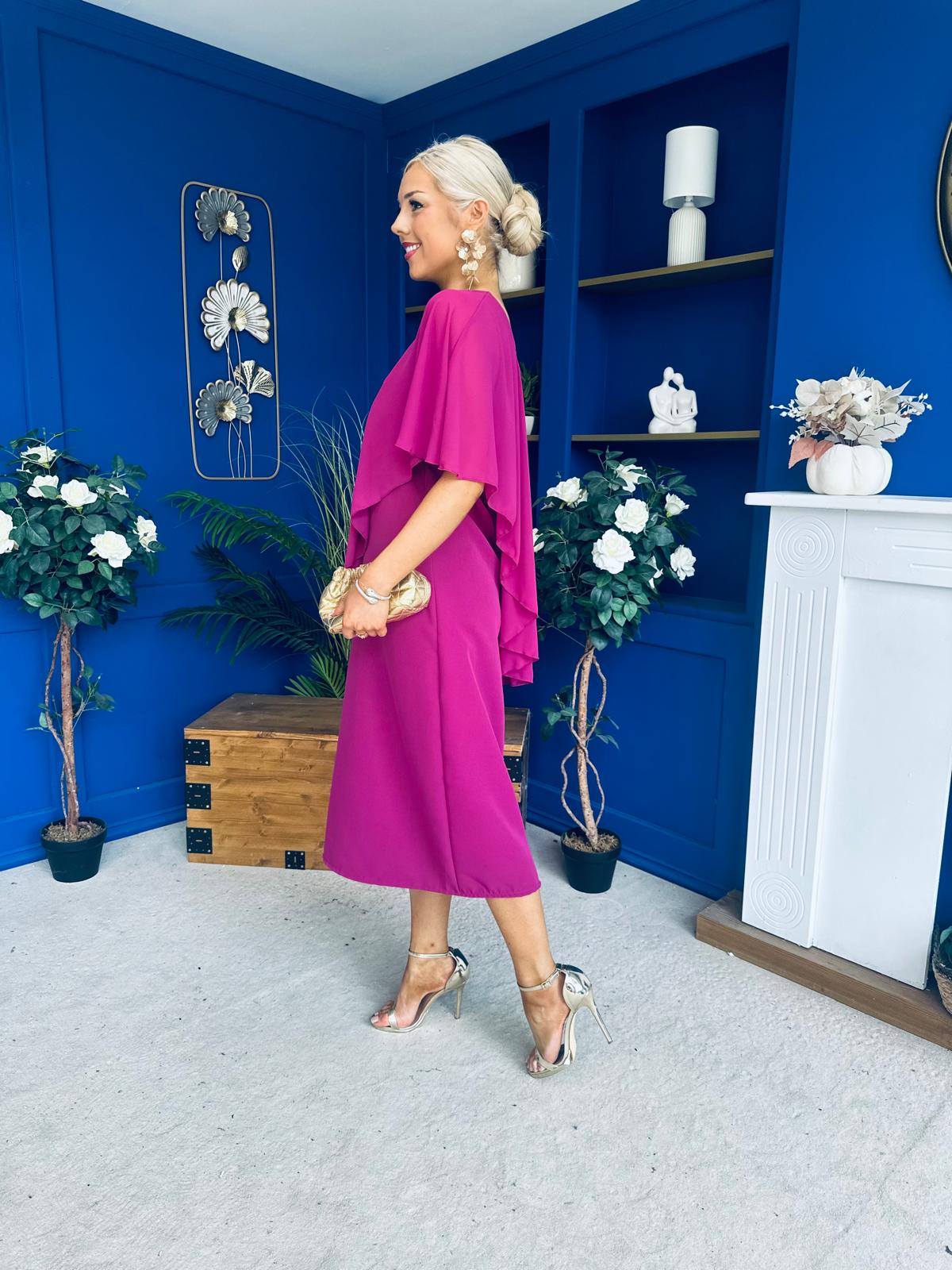 Morgan One Shoulder Cape Detail Midi Dress Berry