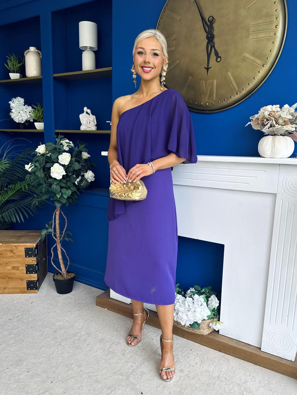 Morgan One Shoulder Cape Detail Midi Dress Violet