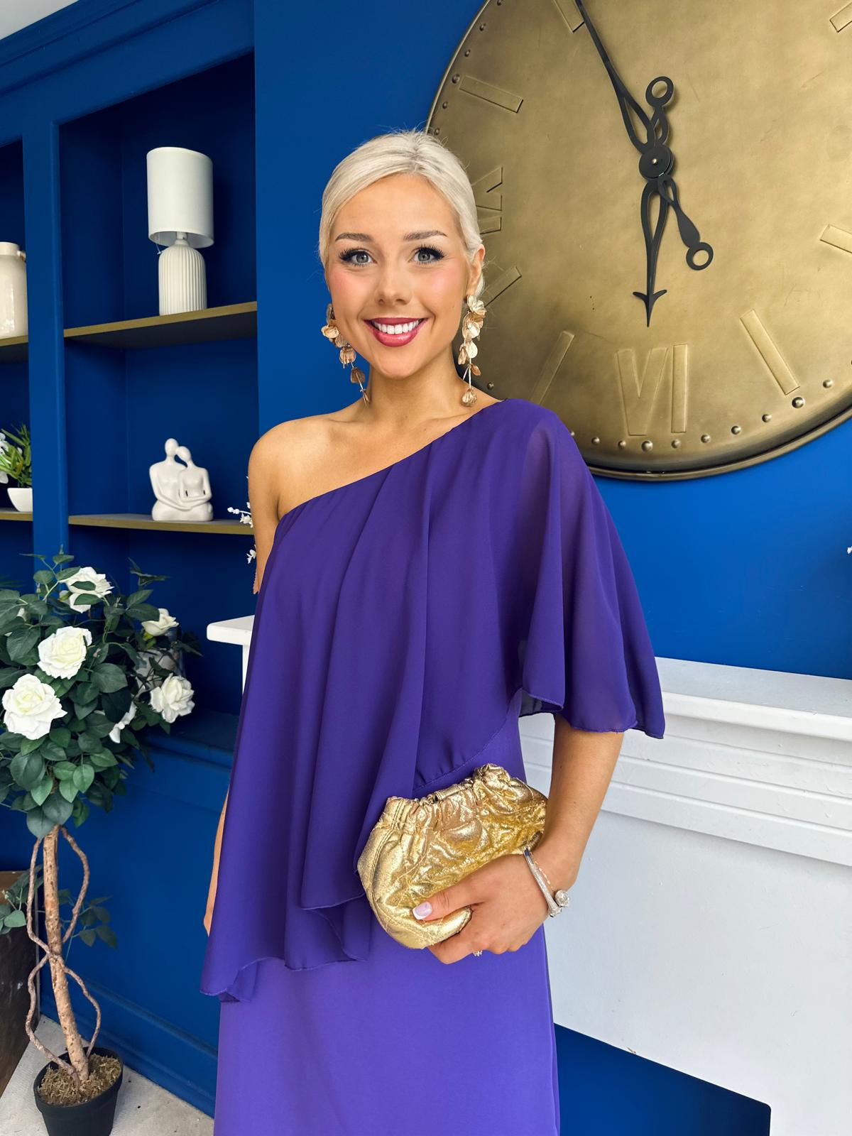 Morgan One Shoulder Cape Detail Midi Dress Violet