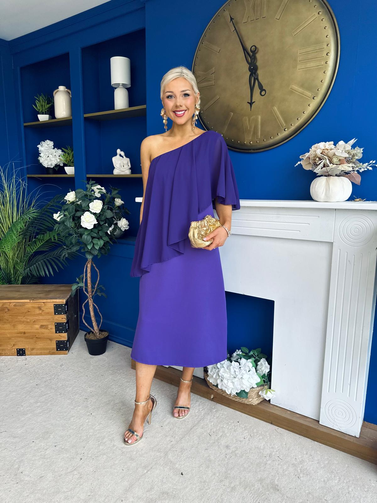 Morgan One Shoulder Cape Detail Midi Dress Violet
