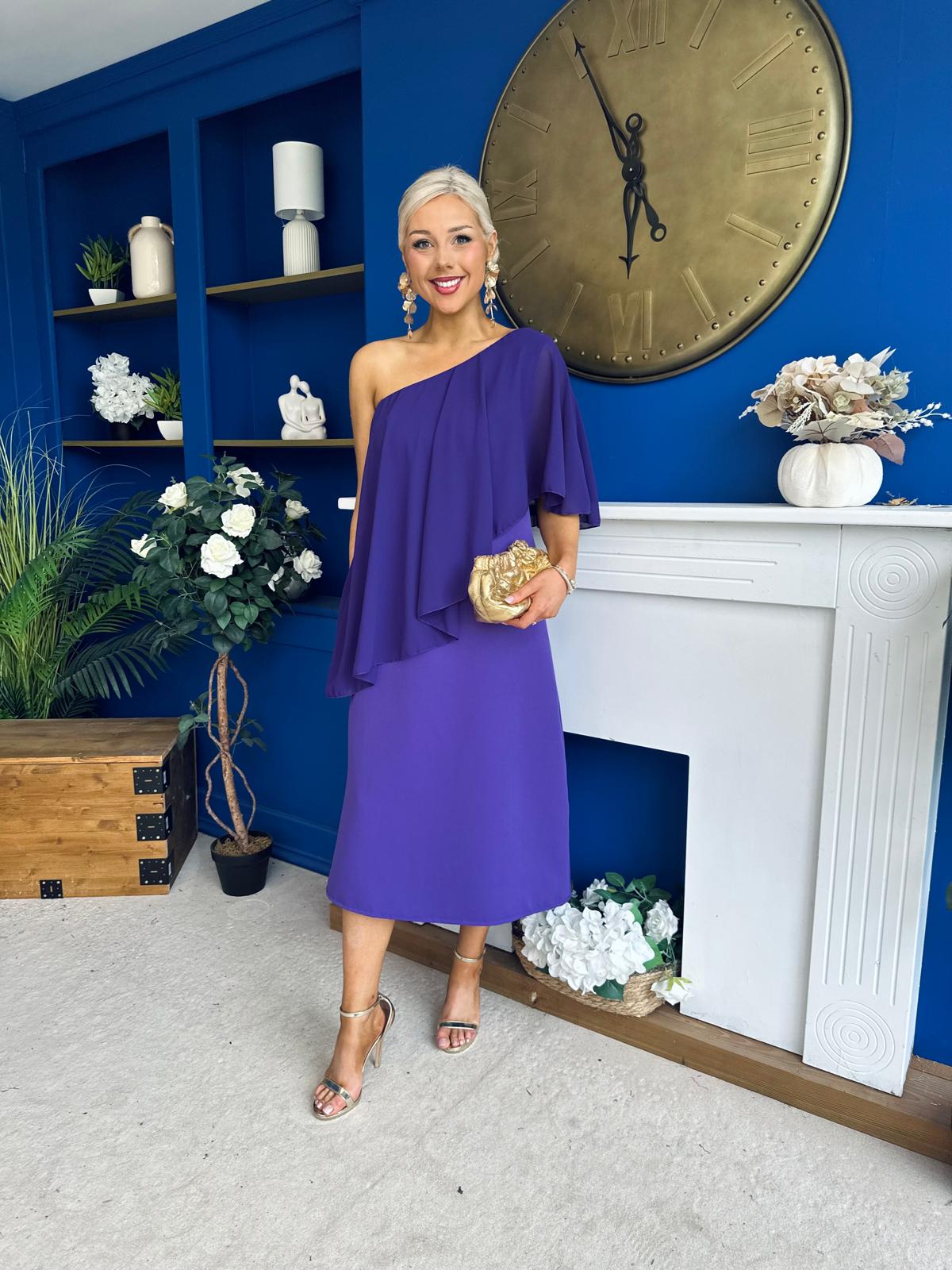 Morgan One Shoulder Cape Detail Midi Dress Violet