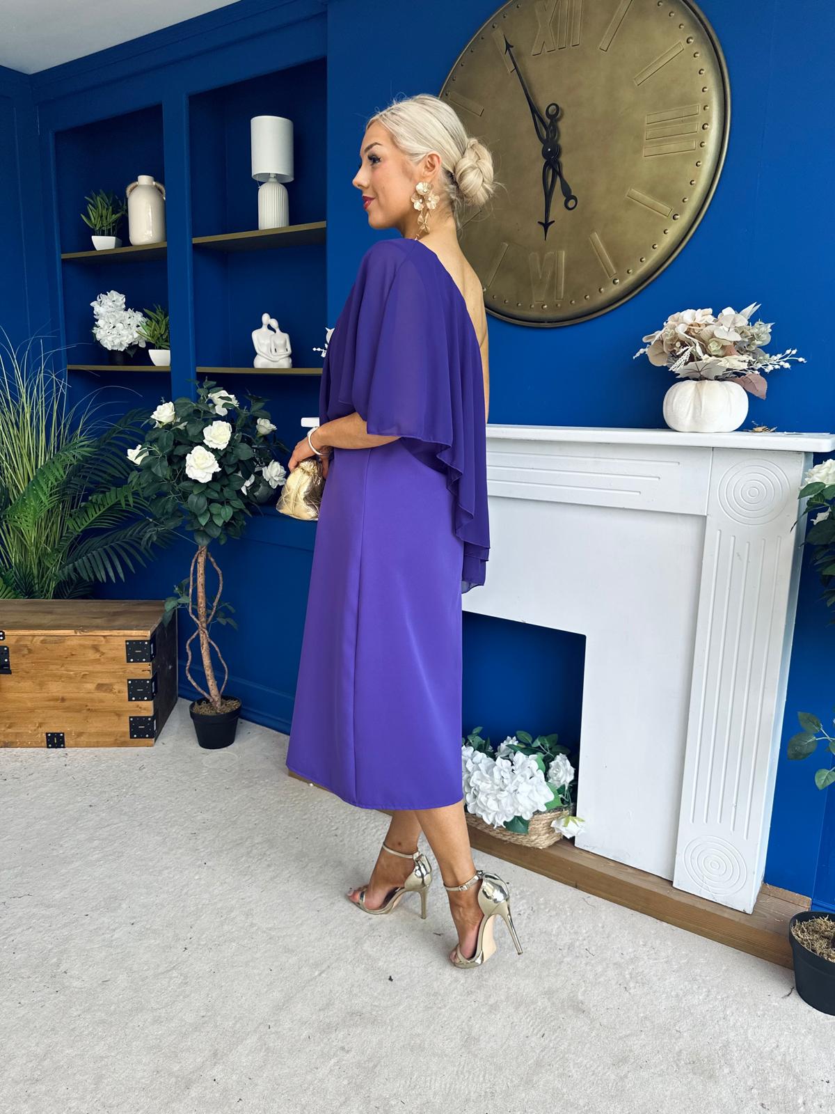 Morgan One Shoulder Cape Detail Midi Dress Violet