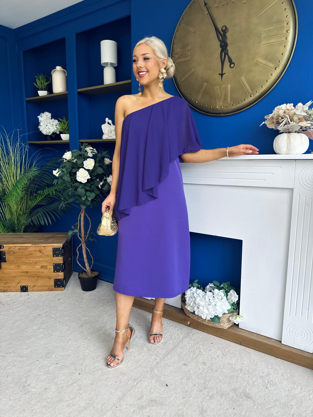Morgan One Shoulder Cape Detail Midi Dress Violet