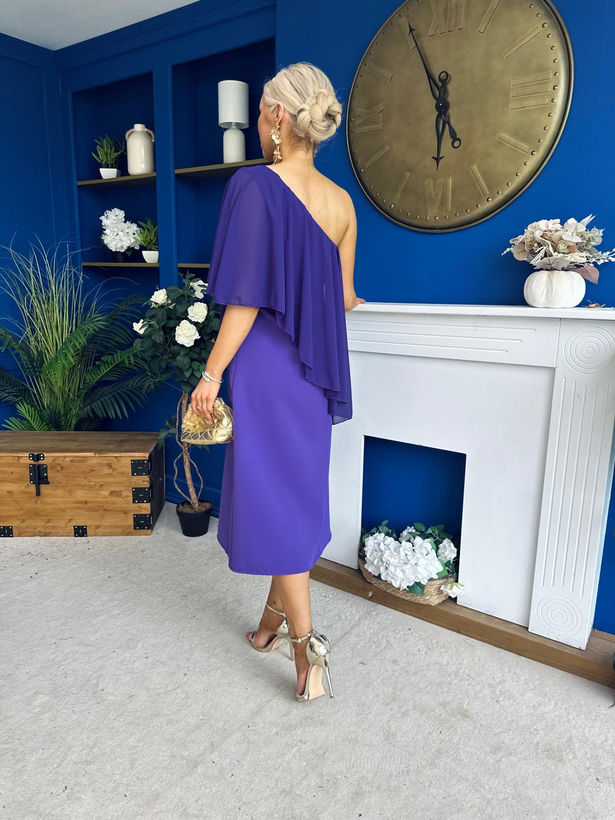 Morgan One Shoulder Cape Detail Midi Dress Violet