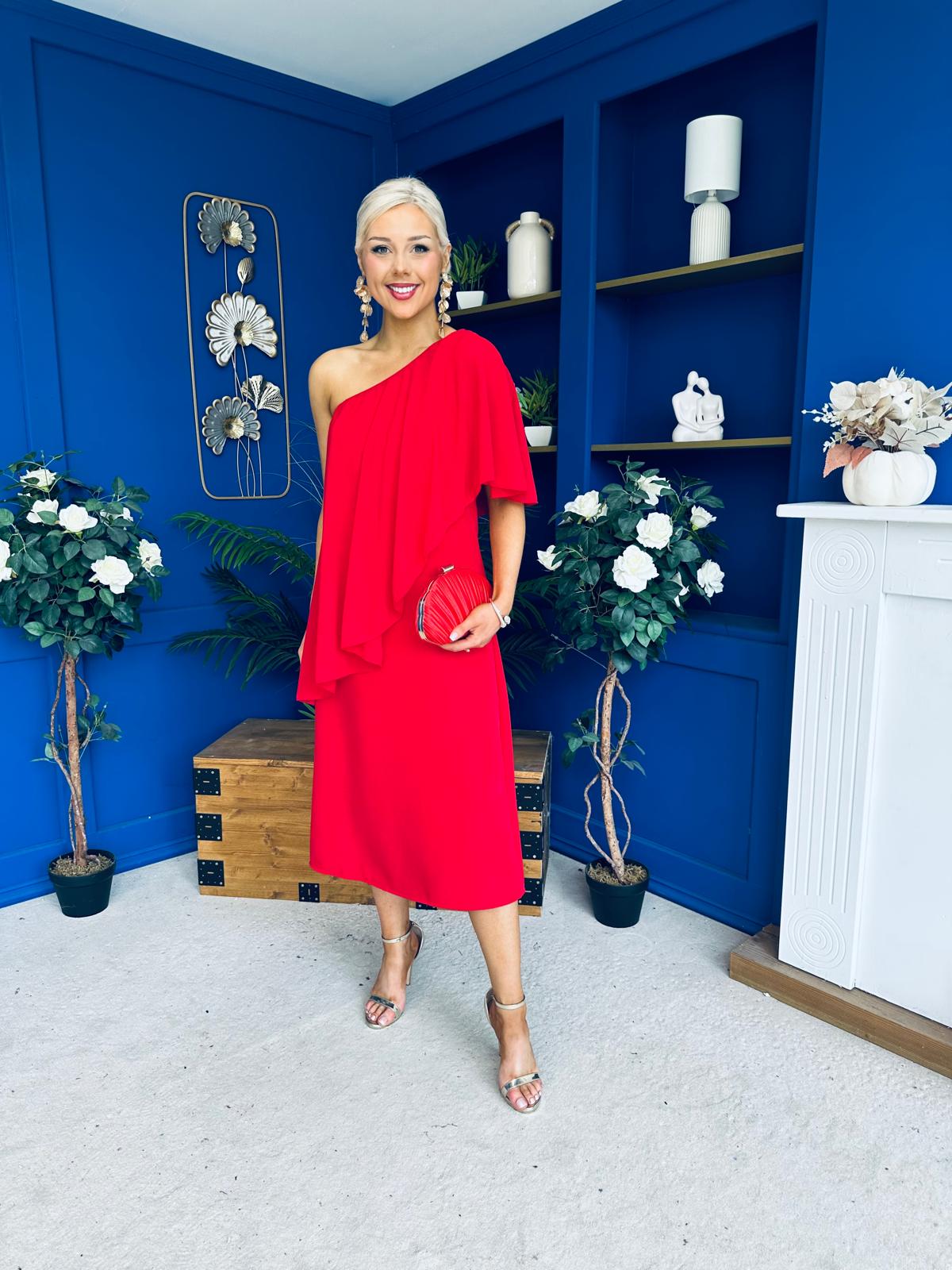 Morgan One Shoulder Cape Detail Midi Dress Red