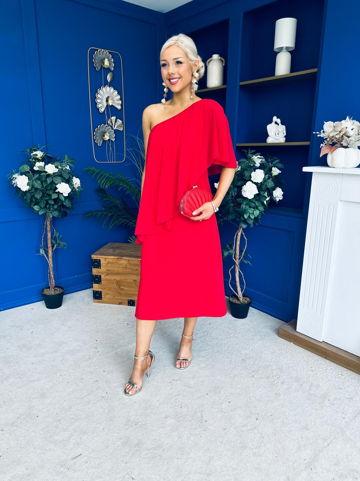 Morgan One Shoulder Cape Detail Midi Dress Red