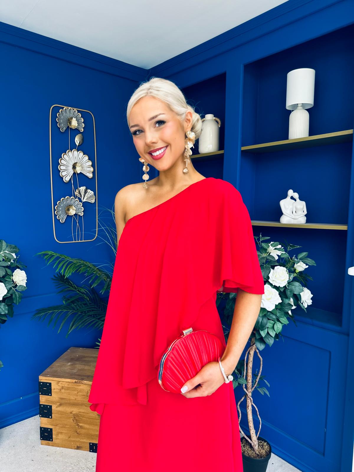 Morgan One Shoulder Cape Detail Midi Dress Red